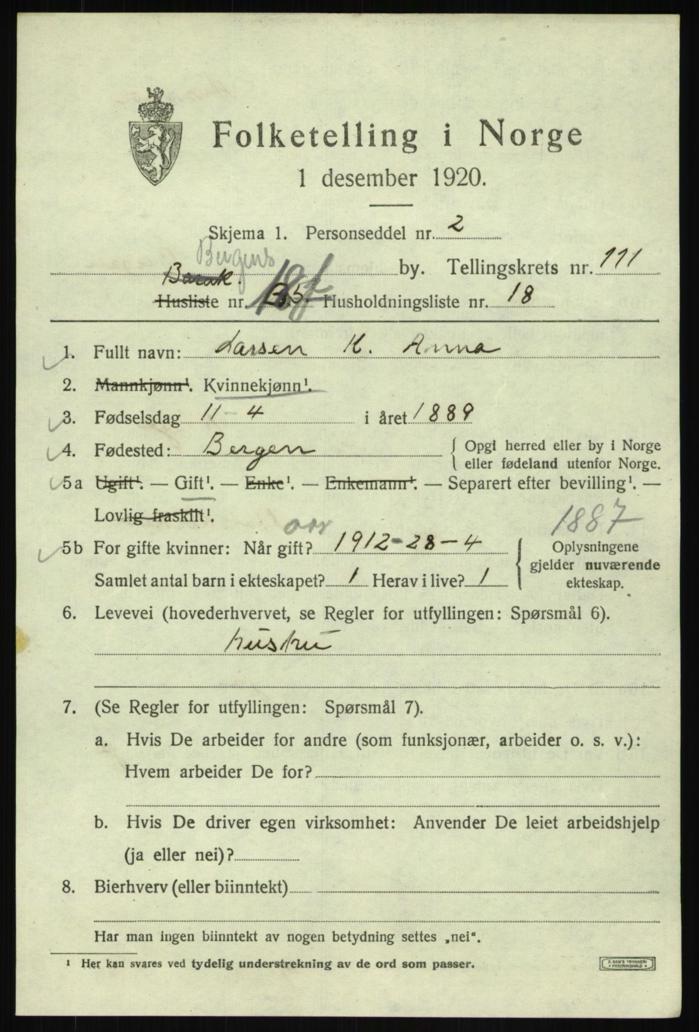 SAB, 1920 census for Bergen, 1920, p. 191755