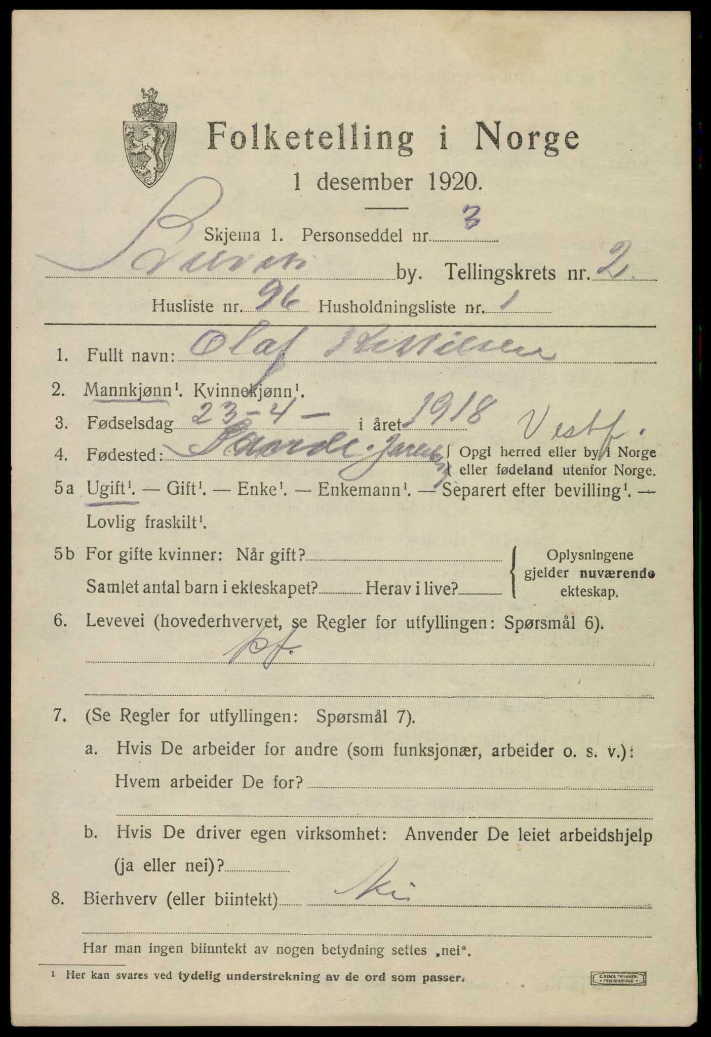 SAKO, 1920 census for Svelvik, 1920, p. 3375