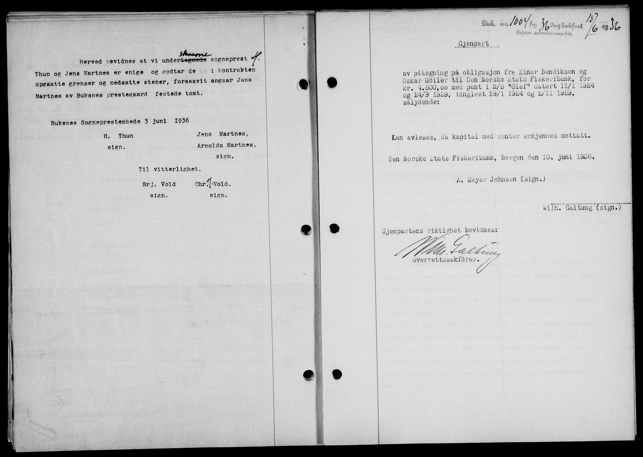 Lofoten sorenskriveri, SAT/A-0017/1/2/2C/L0033b: Mortgage book no. 33b, 1936-1936, Diary no: : 1004/1936