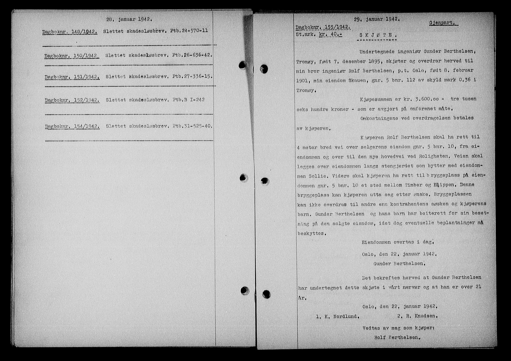 Nedenes sorenskriveri, SAK/1221-0006/G/Gb/Gba/L0049: Mortgage book no. A-III, 1941-1942, Diary no: : 155/1942