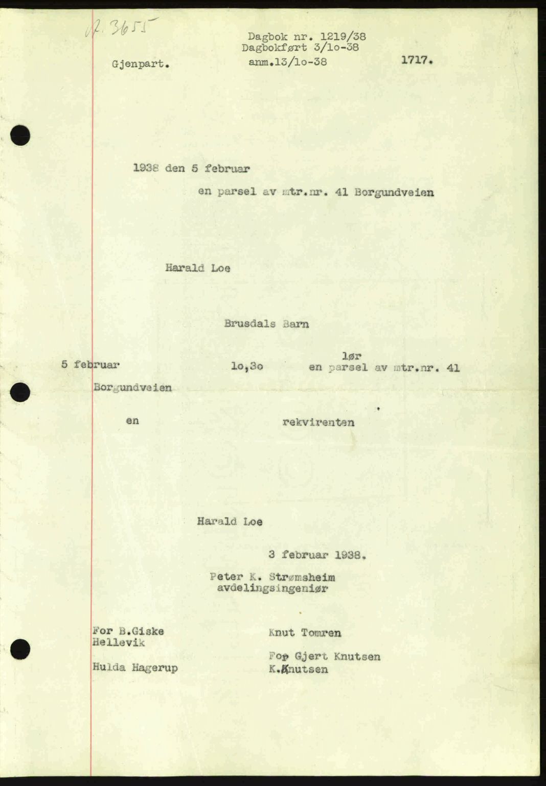 Ålesund byfogd, AV/SAT-A-4384: Mortgage book no. 34 II, 1938-1940, Diary no: : 1219/1938