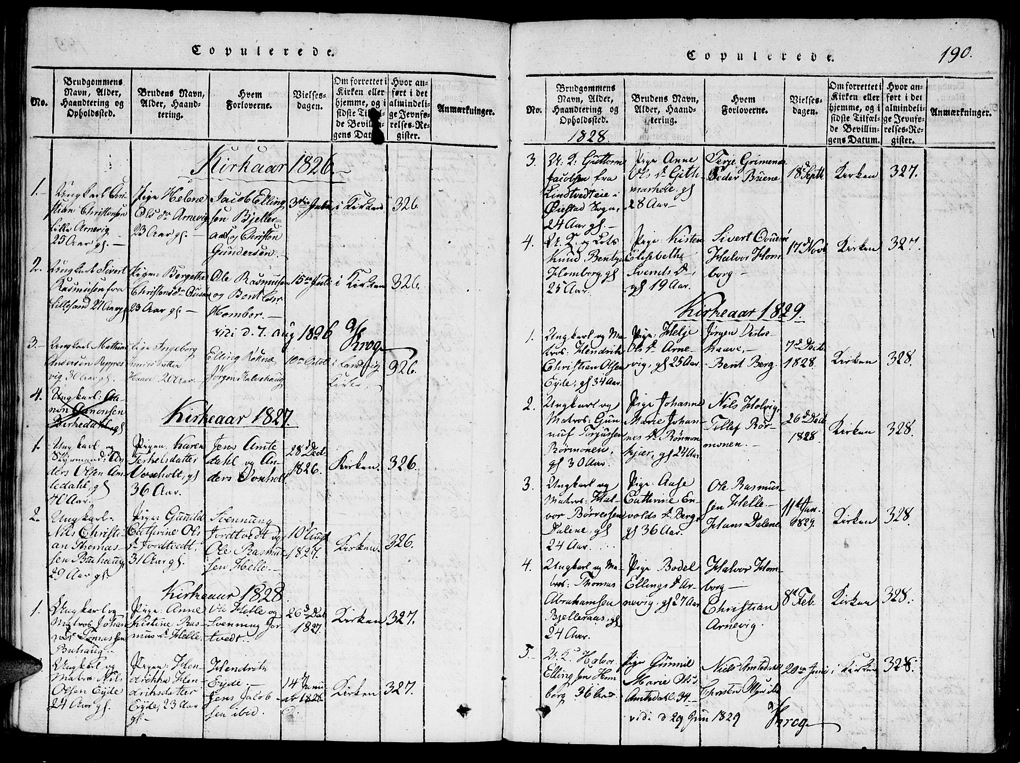 Hommedal sokneprestkontor, SAK/1111-0023/F/Fa/Faa/L0001: Parish register (official) no. A 1, 1816-1860, p. 190
