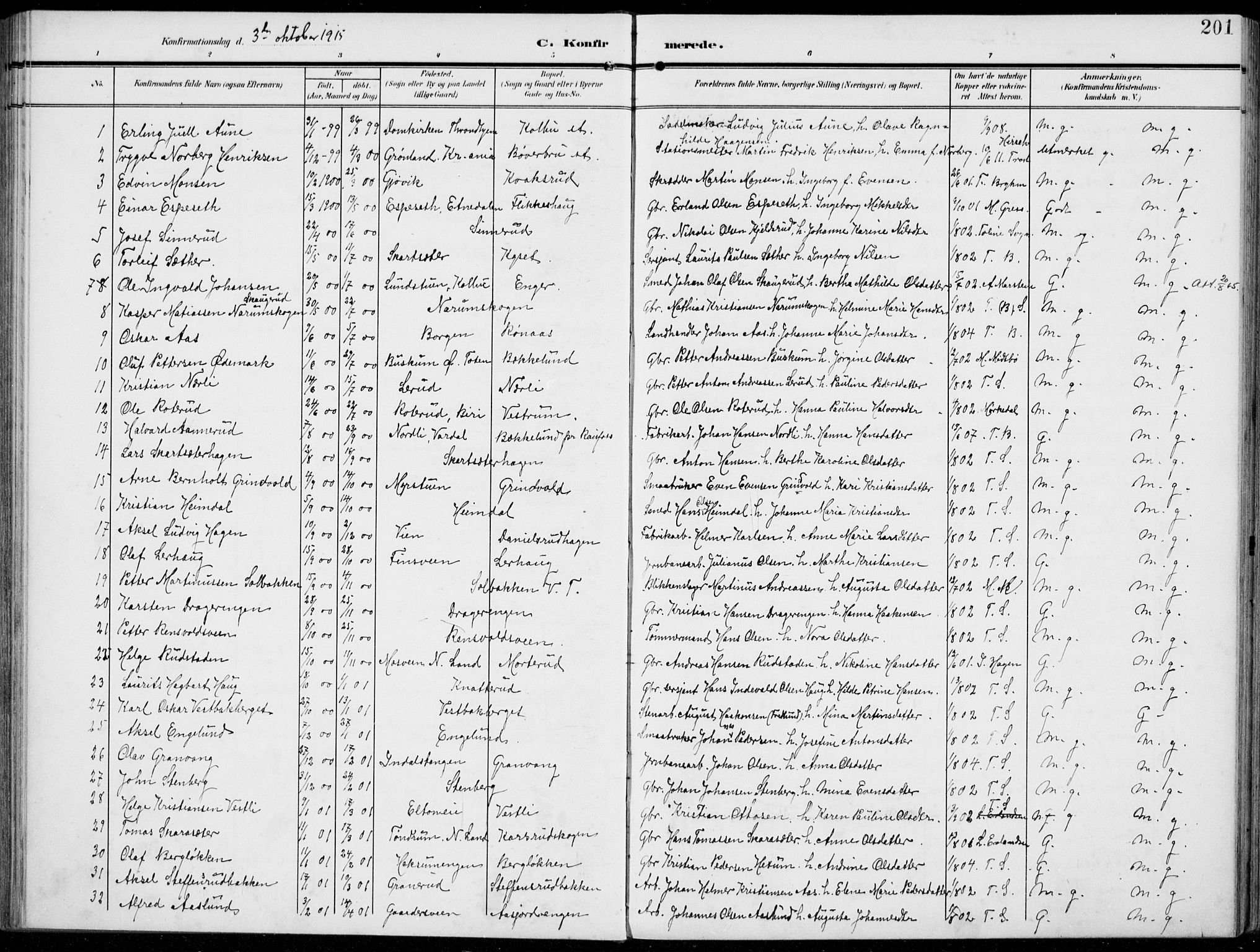 Vestre Toten prestekontor, AV/SAH-PREST-108/H/Ha/Haa/L0014: Parish register (official) no. 14, 1907-1920, p. 201