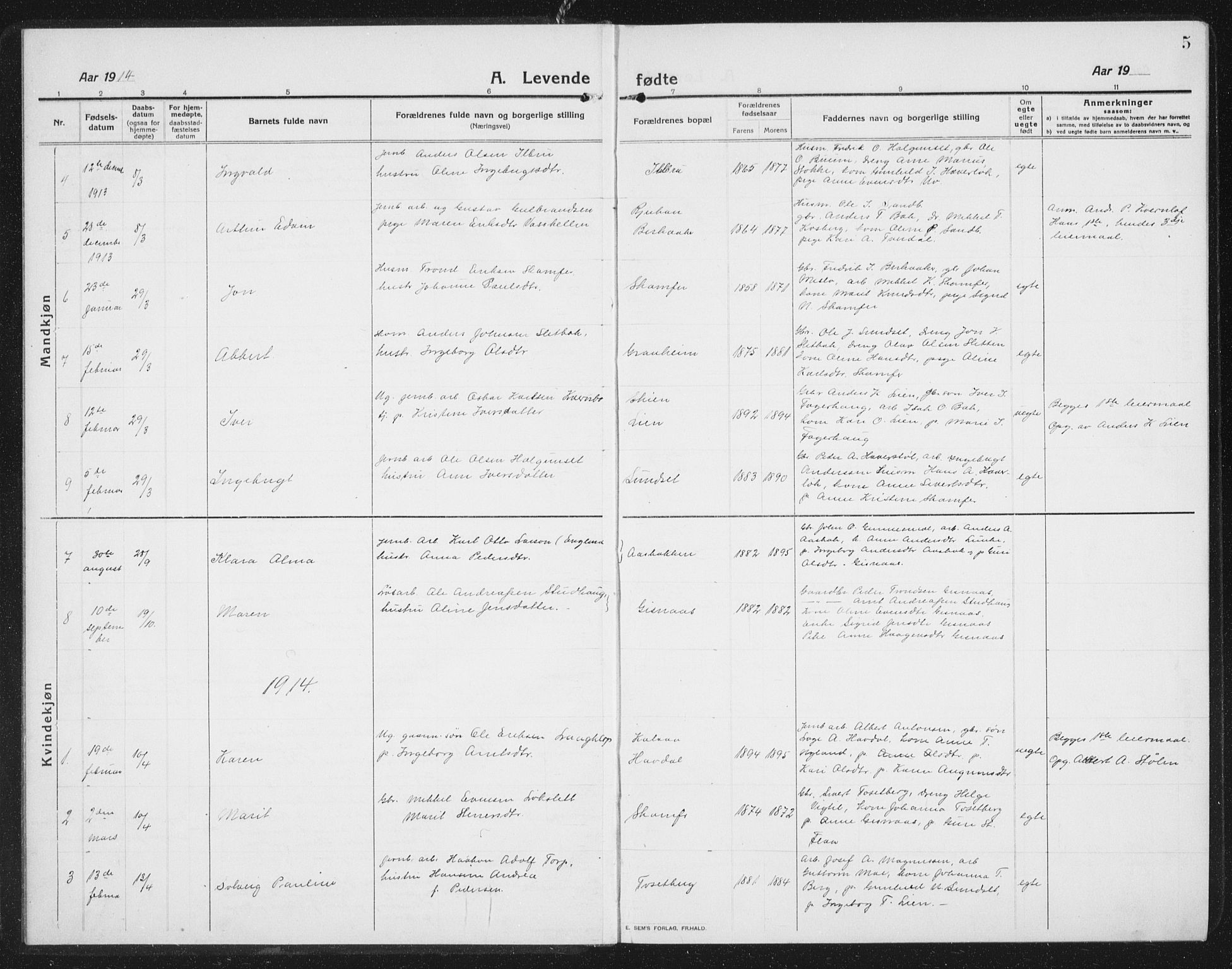 Ministerialprotokoller, klokkerbøker og fødselsregistre - Sør-Trøndelag, SAT/A-1456/675/L0888: Parish register (copy) no. 675C01, 1913-1935, p. 5