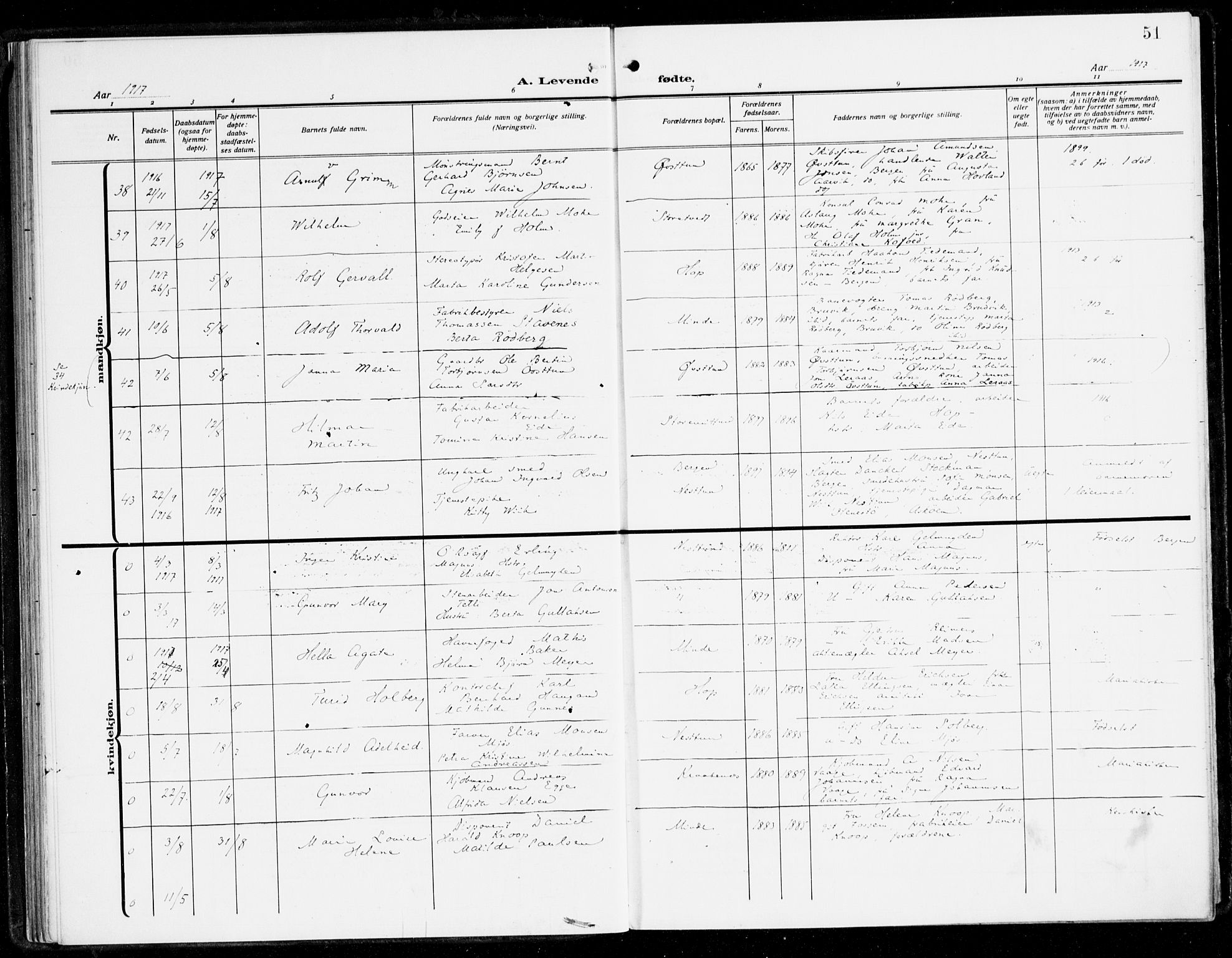 Fana Sokneprestembete, AV/SAB-A-75101/H/Haa/Haai/L0004: Parish register (official) no. I 4, 1912-1933, p. 51