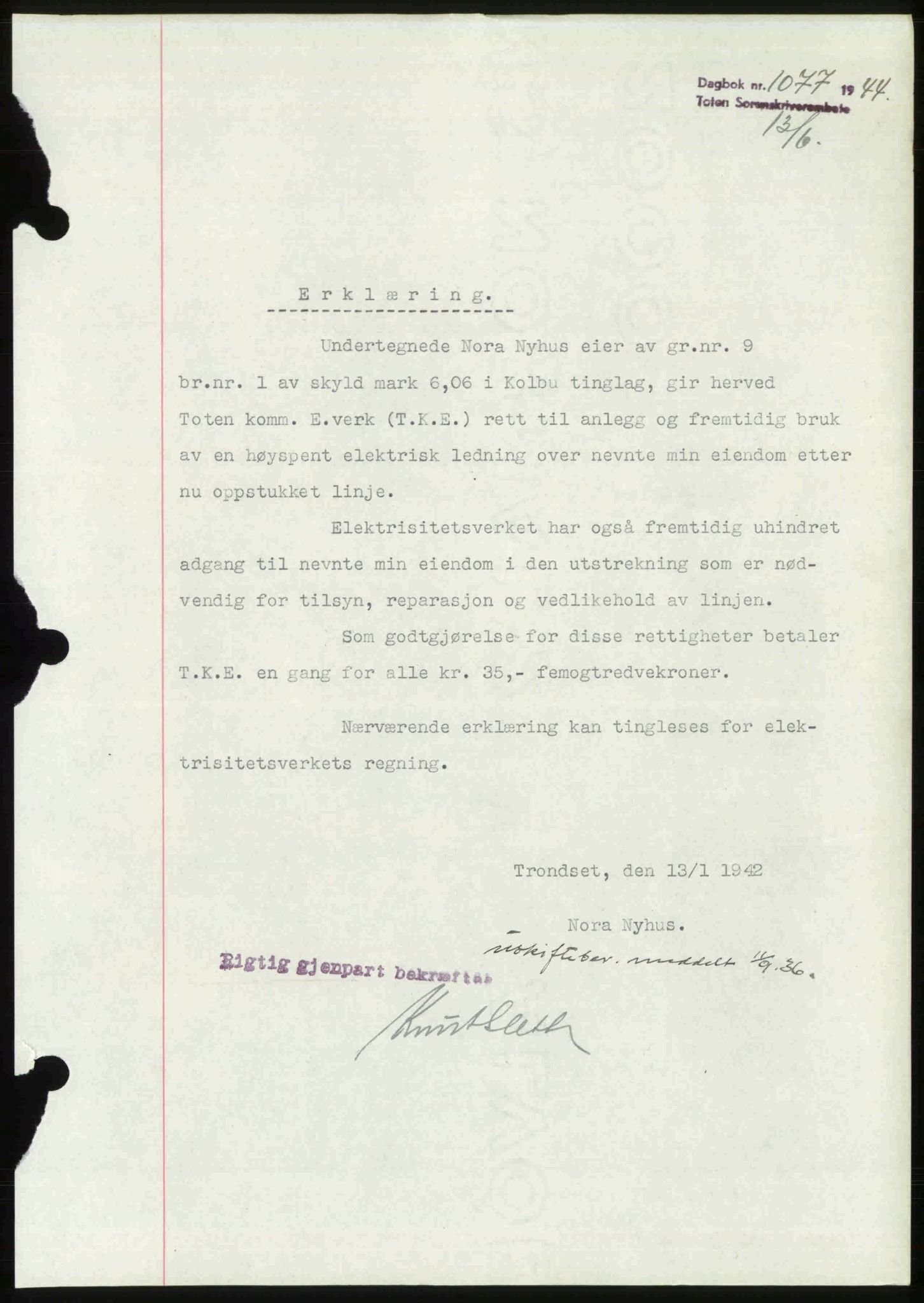 Toten tingrett, AV/SAH-TING-006/H/Hb/Hbc/L0012: Mortgage book no. Hbc-12, 1944-1944, Diary no: : 1077/1944