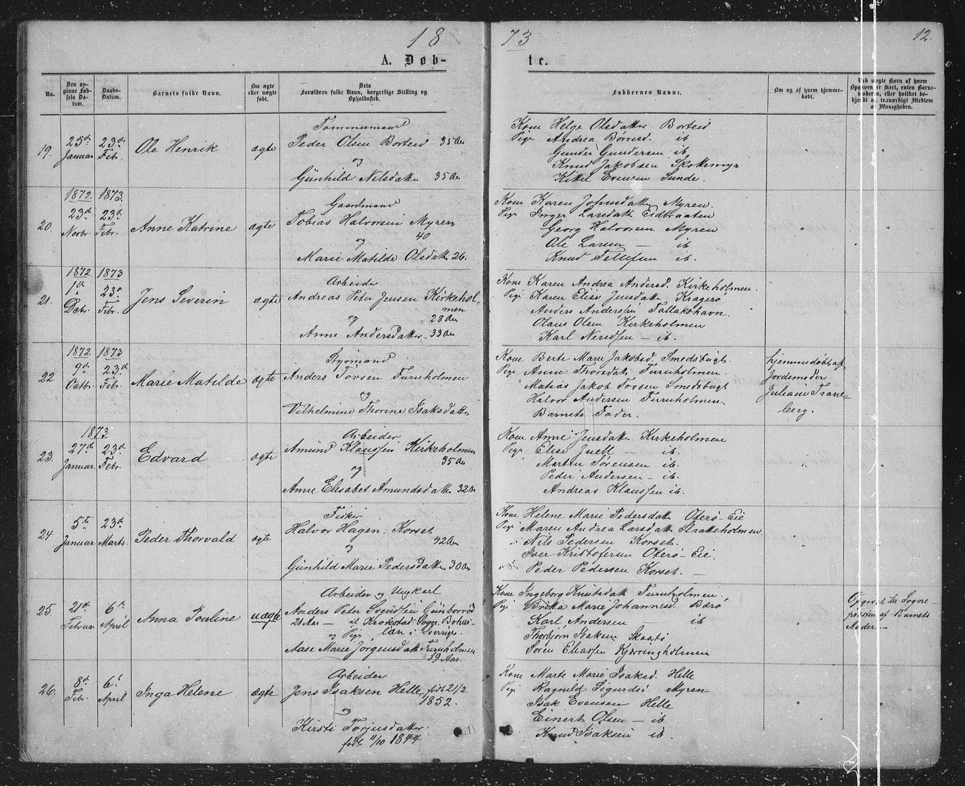 Skåtøy kirkebøker, AV/SAKO-A-304/G/Ga/L0002: Parish register (copy) no. I 2, 1872-1884, p. 12