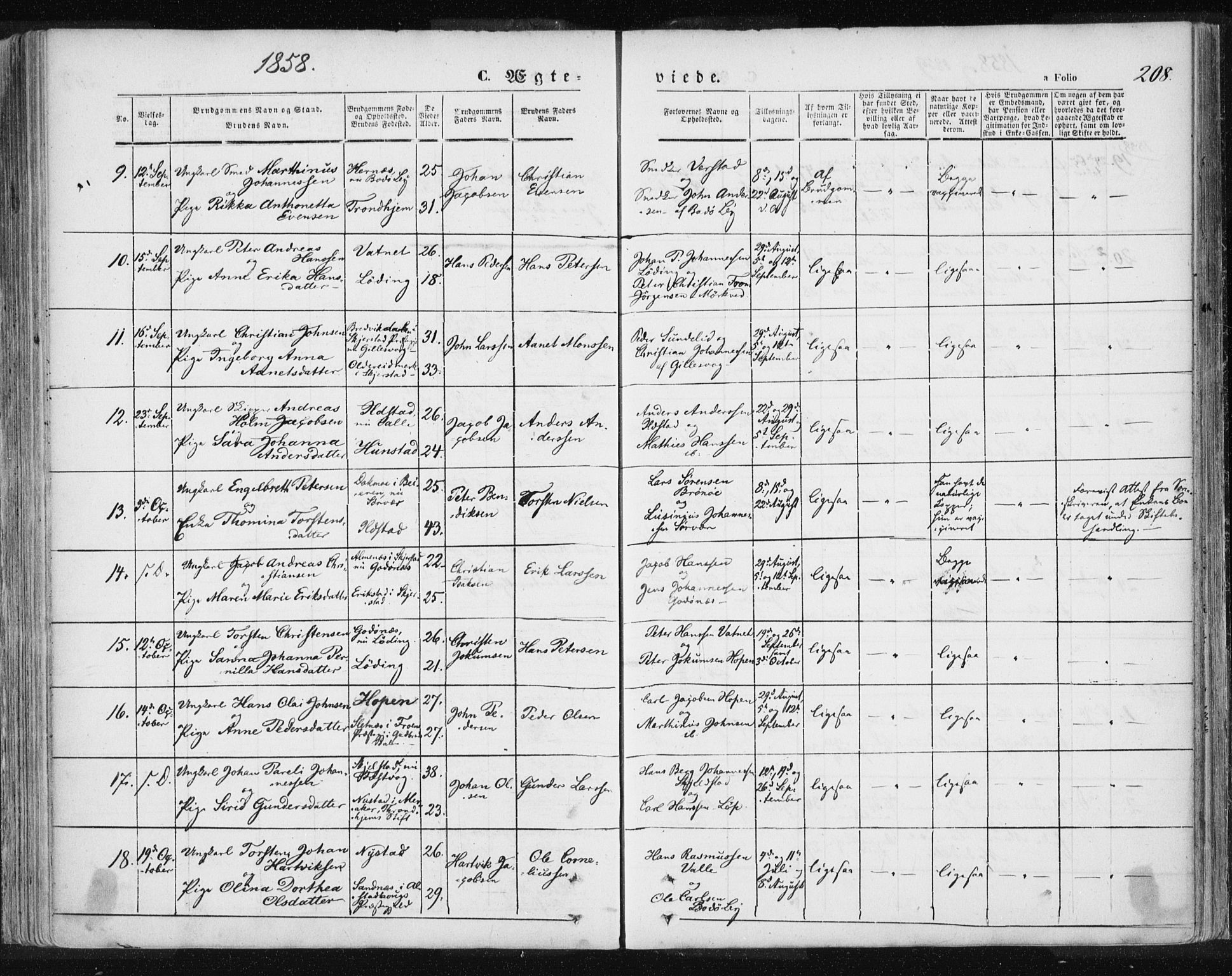 Ministerialprotokoller, klokkerbøker og fødselsregistre - Nordland, SAT/A-1459/801/L0007: Parish register (official) no. 801A07, 1845-1863, p. 208