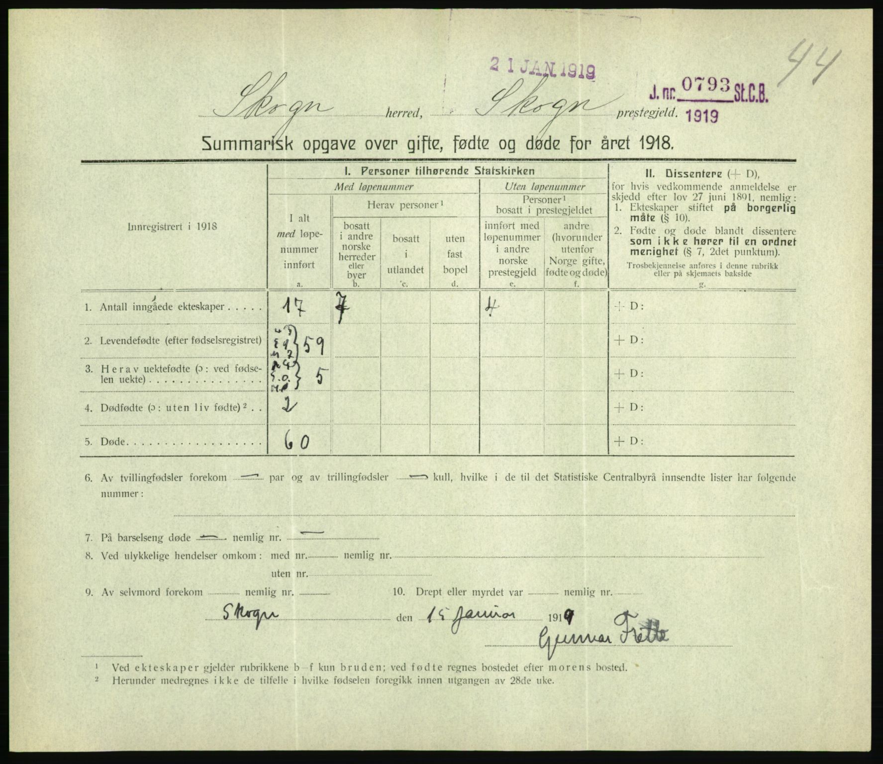 Statistisk sentralbyrå, Sosiodemografiske emner, Befolkning, RA/S-2228/D/Df/Dfb/Dfbh/L0059: Summariske oppgaver over gifte, fødte og døde for hele landet., 1918, p. 1387