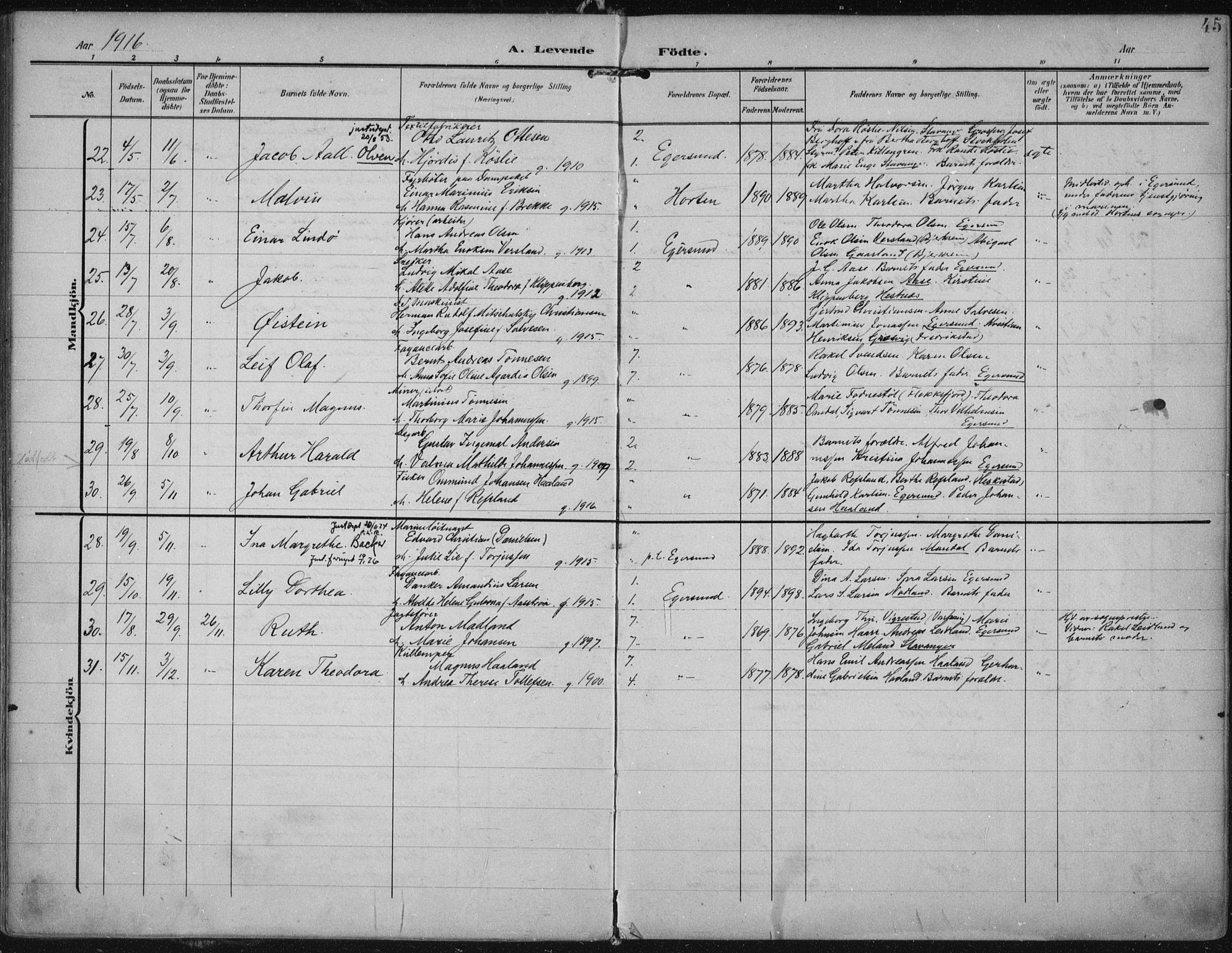 Eigersund sokneprestkontor, AV/SAST-A-101807/S08/L0022: Parish register (official) no. A 21, 1905-1928, p. 45