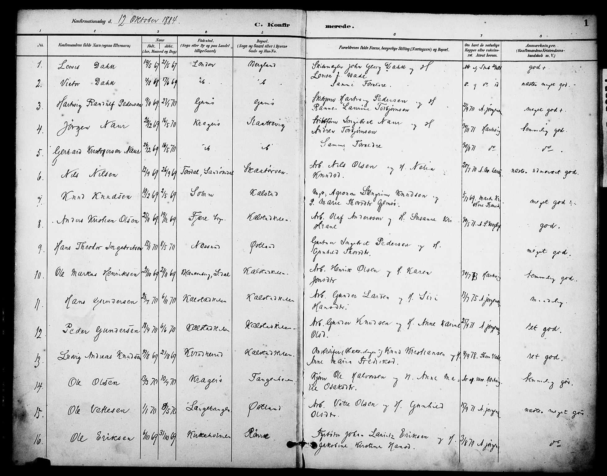 Skåtøy kirkebøker, AV/SAKO-A-304/F/Fa/L0003: Parish register (official) no. I 3, 1884-1899, p. 1