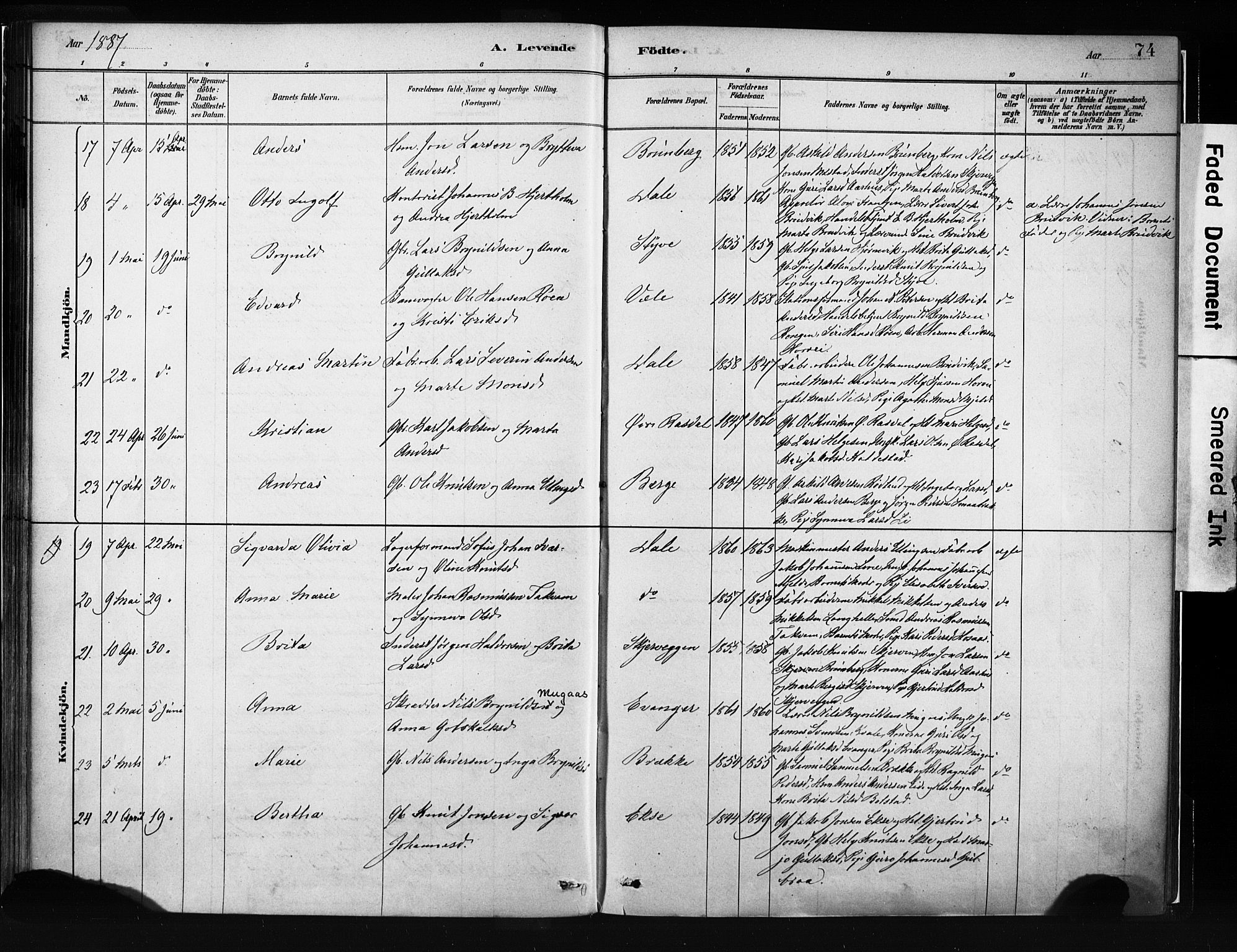 Evanger sokneprestembete, AV/SAB-A-99924: Parish register (official) no. A 1, 1877-1899, p. 74