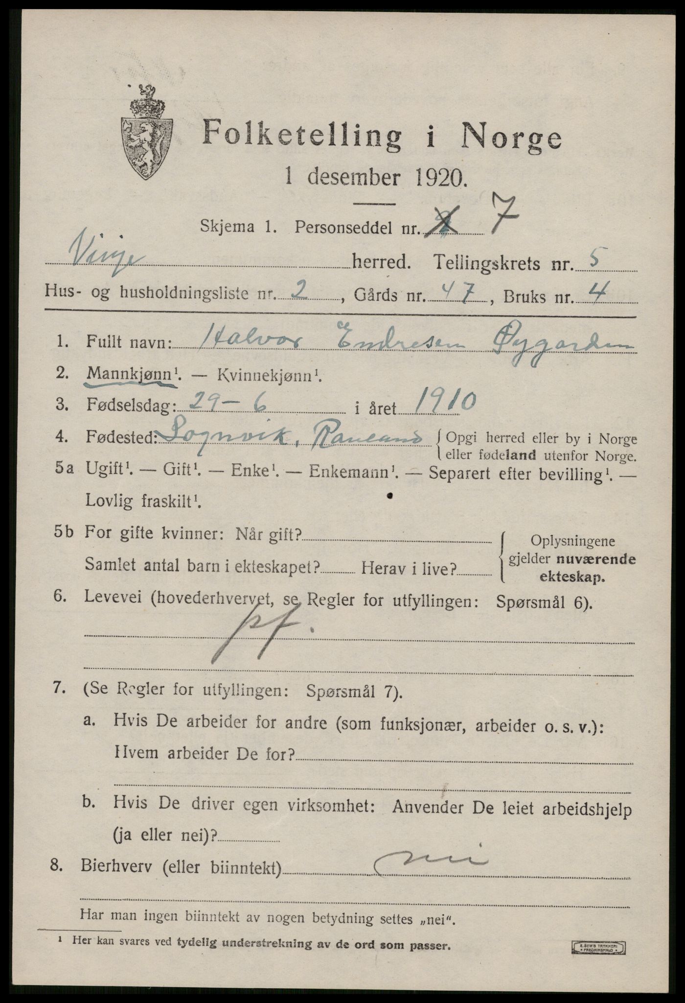 SAKO, 1920 census for Vinje, 1920, p. 1627