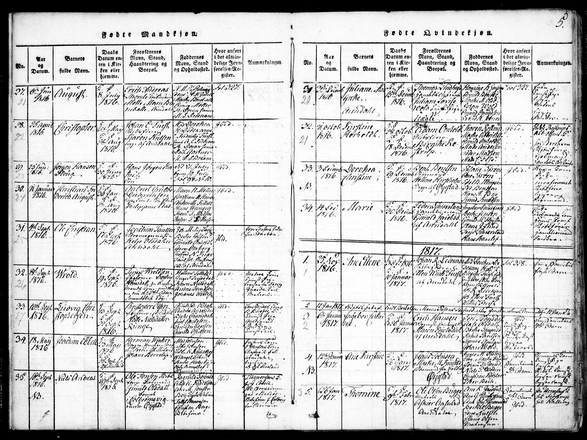 Arendal sokneprestkontor, Trefoldighet, SAK/1111-0040/F/Fa/L0004: Parish register (official) no. A 4, 1816-1839, p. 5