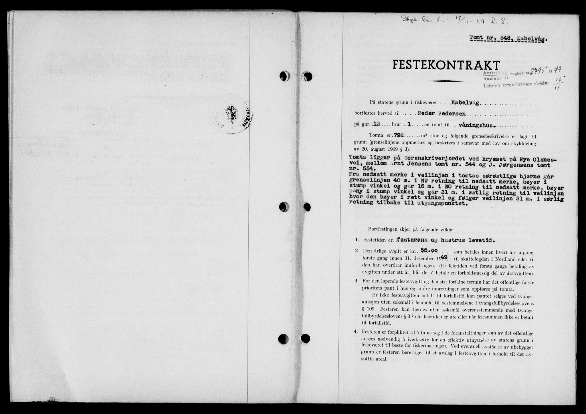 Lofoten sorenskriveri, SAT/A-0017/1/2/2C/L0022a: Mortgage book no. 22a, 1949-1950, Diary no: : 2795/1949