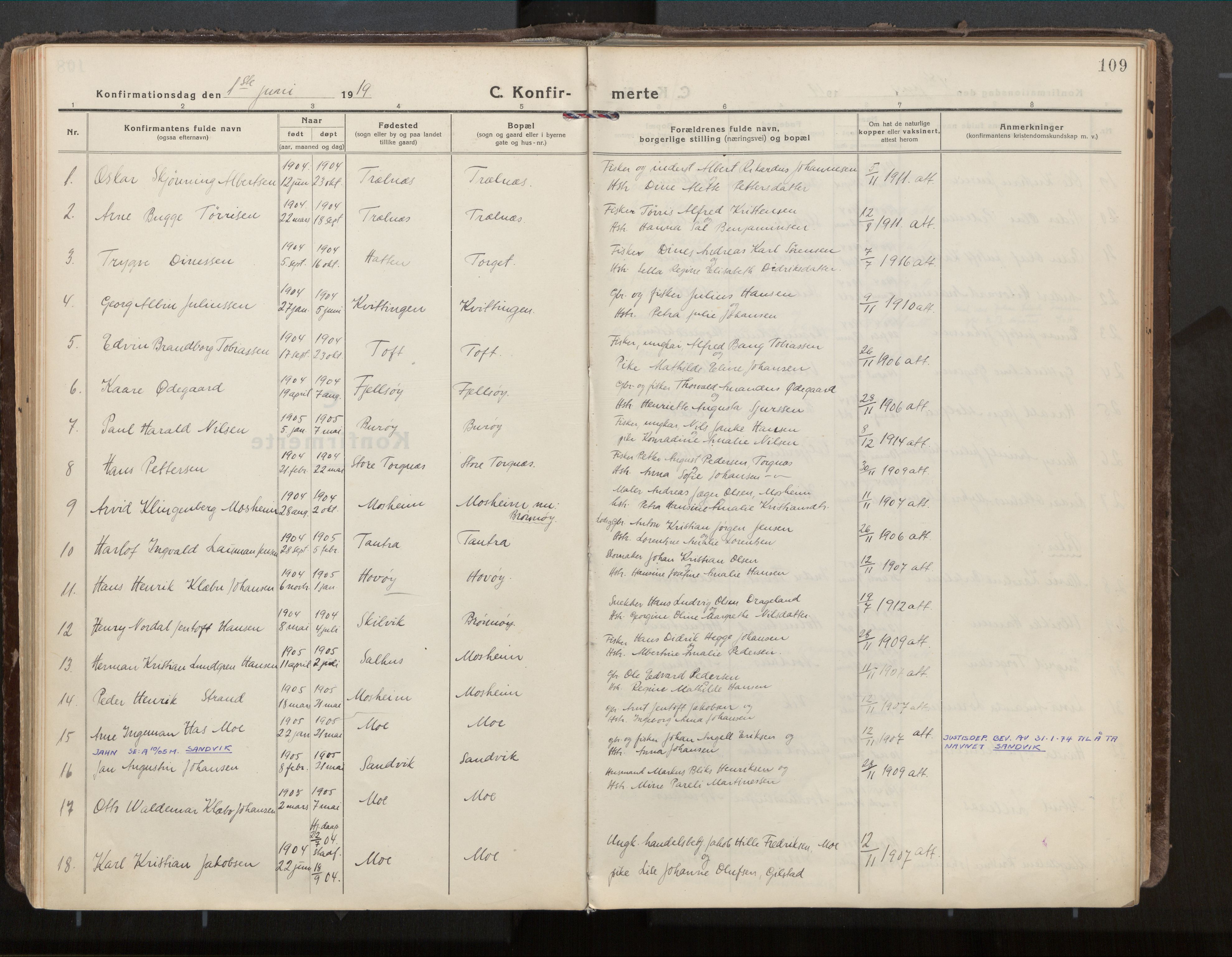 Ministerialprotokoller, klokkerbøker og fødselsregistre - Nordland, SAT/A-1459/813/L0207a: Parish register (official) no. 813A18, 1919-1927, p. 109