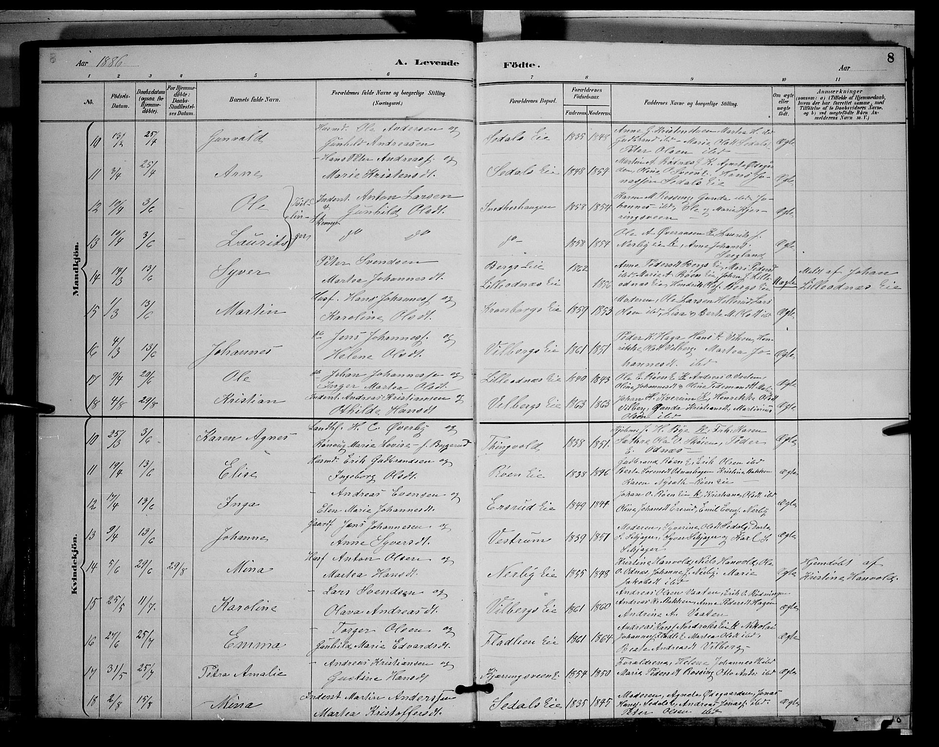 Søndre Land prestekontor, SAH/PREST-122/L/L0003: Parish register (copy) no. 3, 1884-1902, p. 8