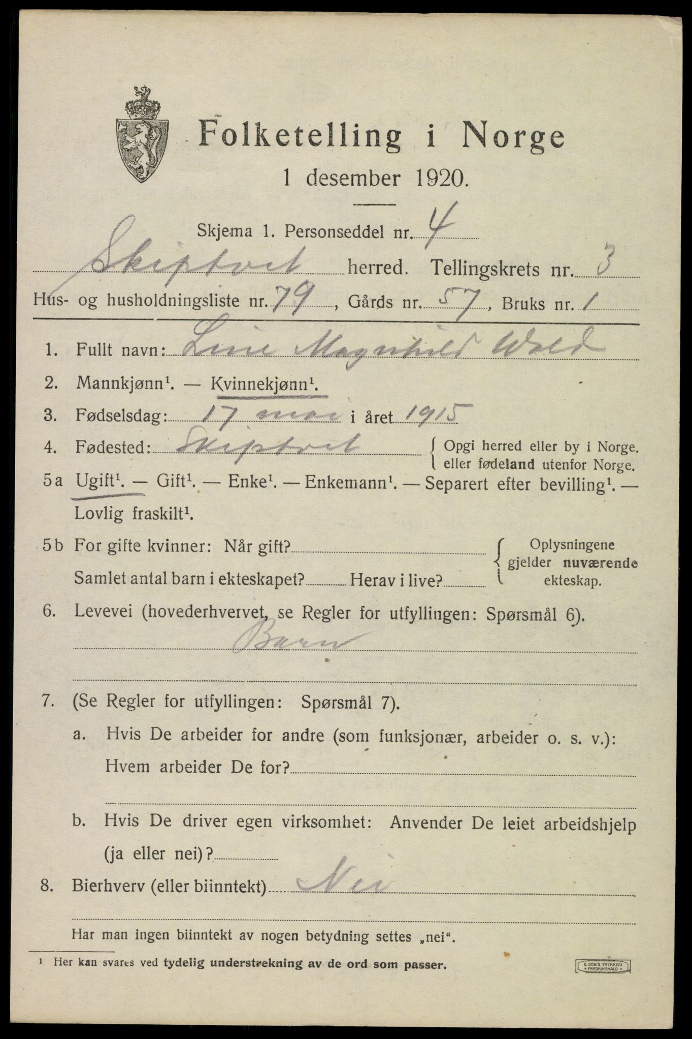 SAO, 1920 census for Skiptvet, 1920, p. 3831