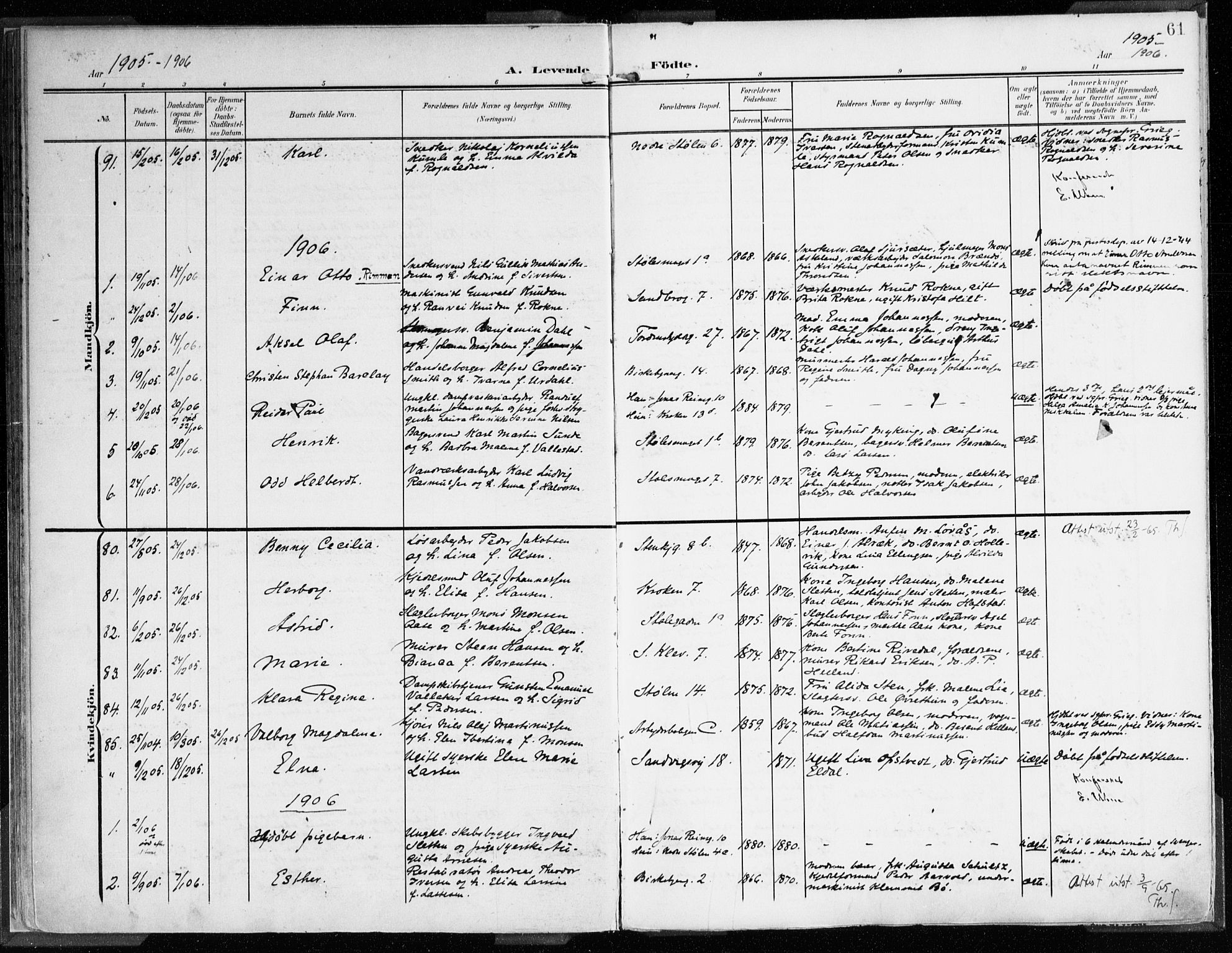 Mariakirken Sokneprestembete, SAB/A-76901/H/Haa/L0010: Parish register (official) no. B 1, 1901-1915, p. 61