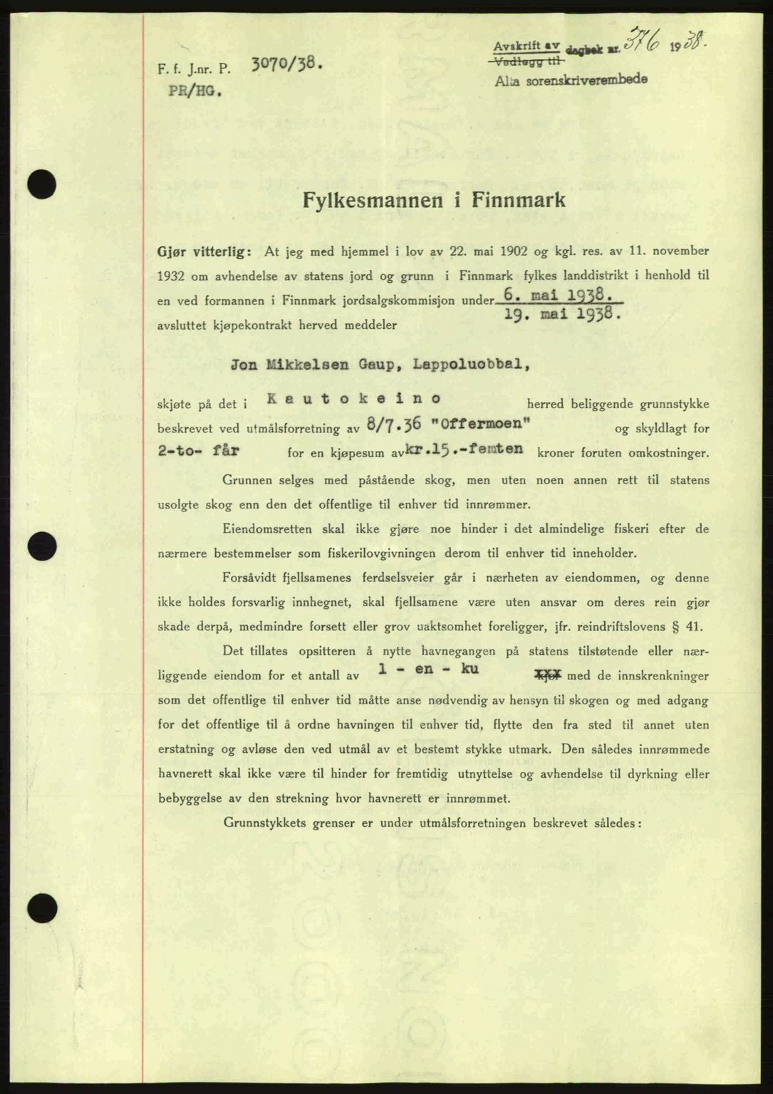 Alta fogderi/sorenskriveri, SATØ/SATØ-5/1/K/Kd/L0031pantebok: Mortgage book no. 31, 1938-1939, Diary no: : 376/1938