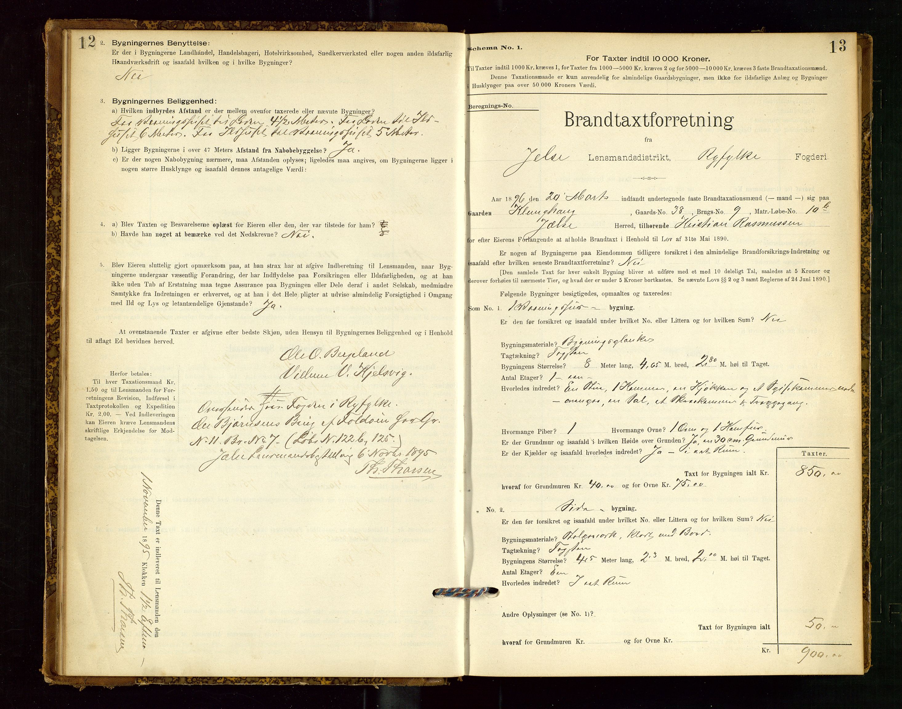 Jelsa lensmannskontor, SAST/A-100360/Gob/L0001: "Brandtaxationsprotocol", 1895-1918, p. 12-13