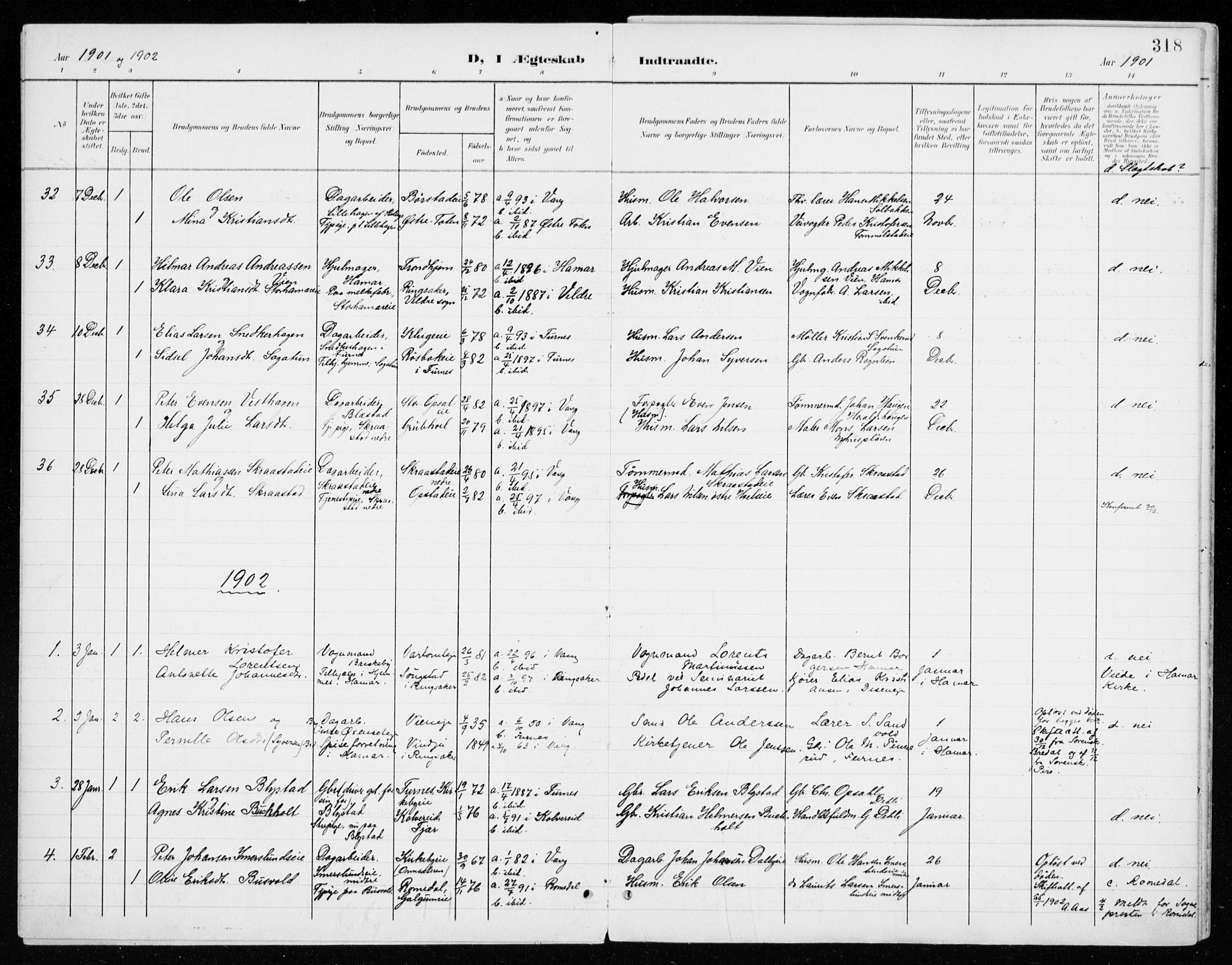 Vang prestekontor, Hedmark, SAH/PREST-008/H/Ha/Haa/L0021: Parish register (official) no. 21, 1902-1917, p. 318