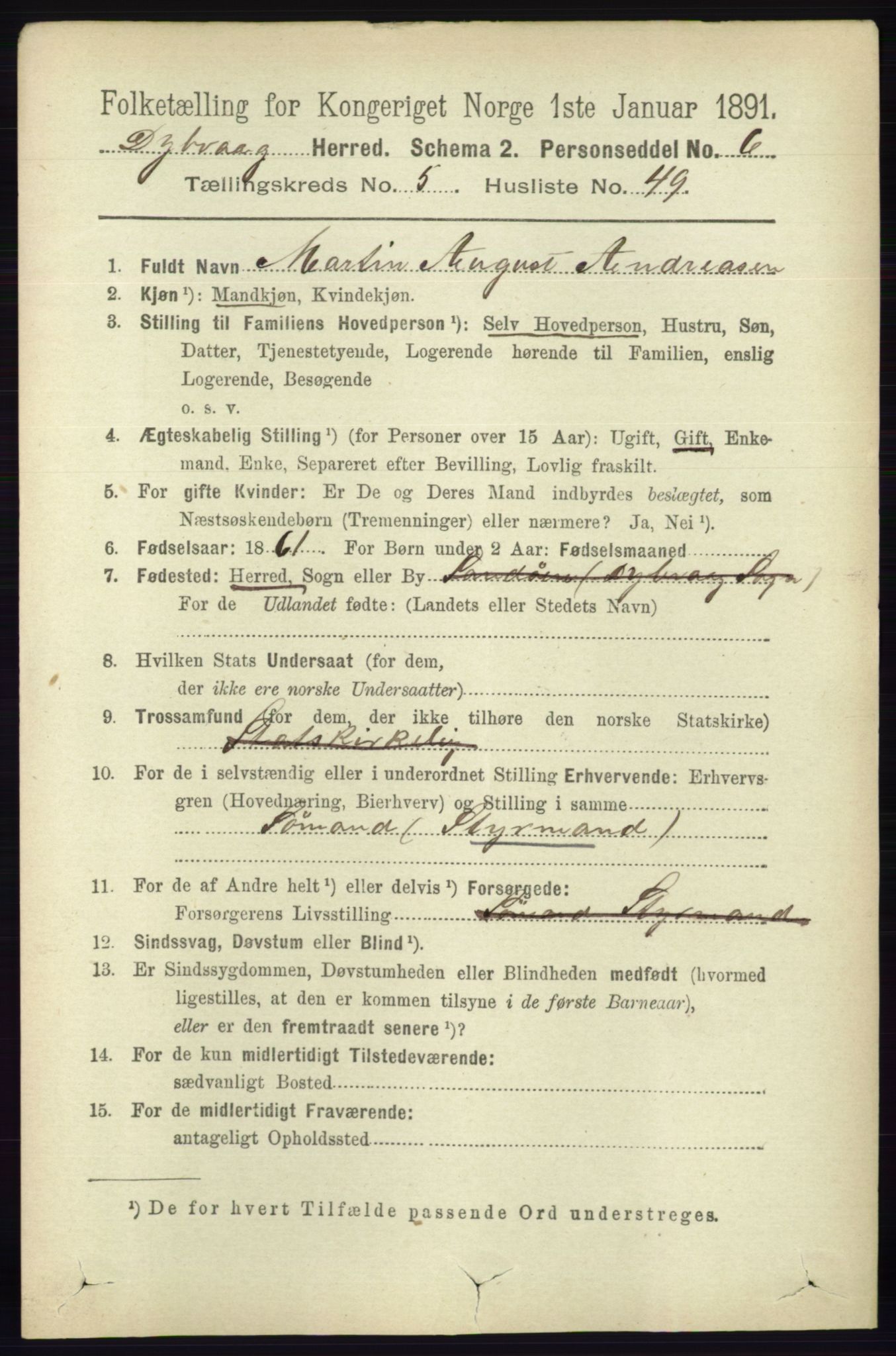 RA, 1891 census for 0915 Dypvåg, 1891, p. 1666