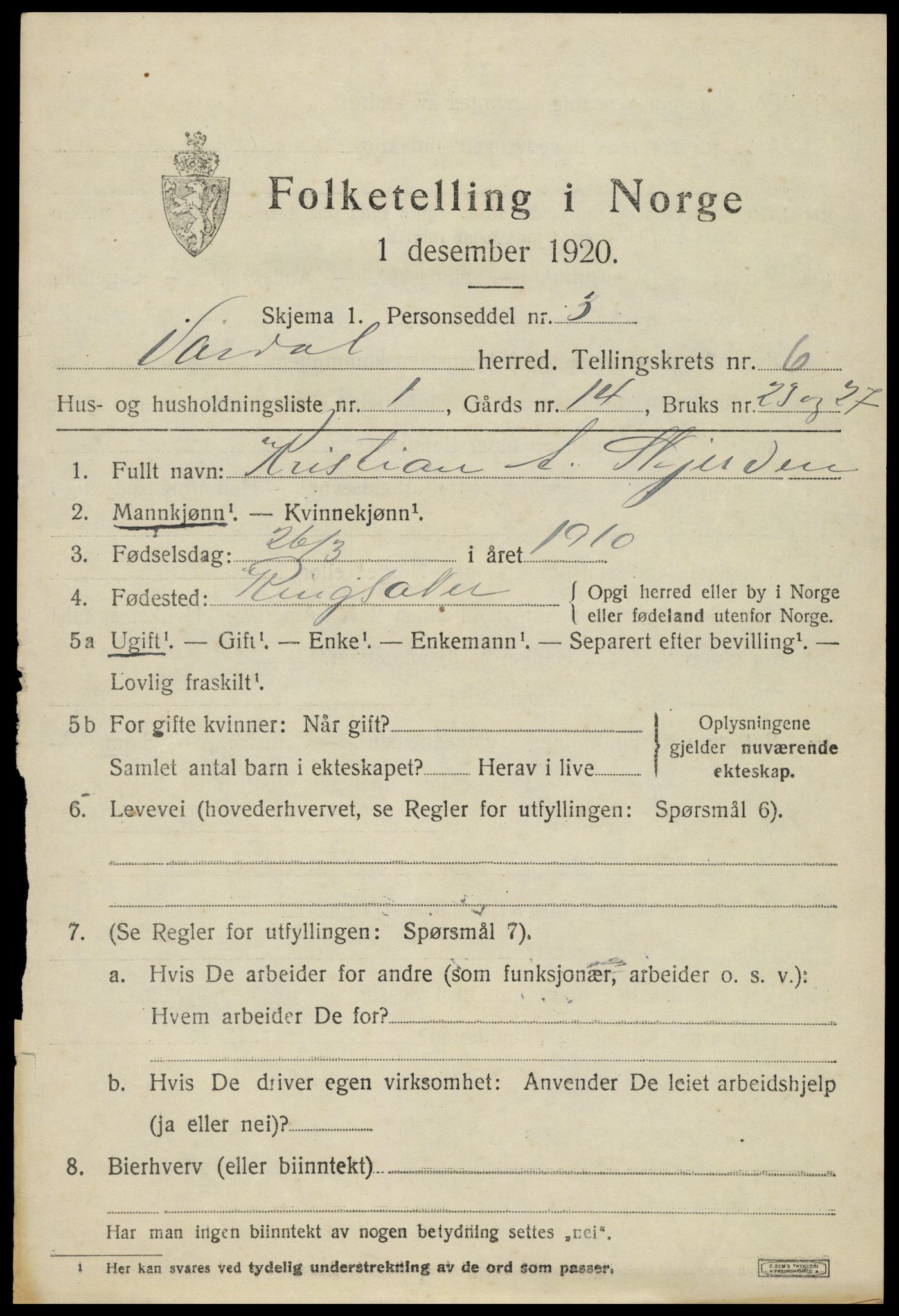 SAH, 1920 census for Vardal, 1920, p. 3867