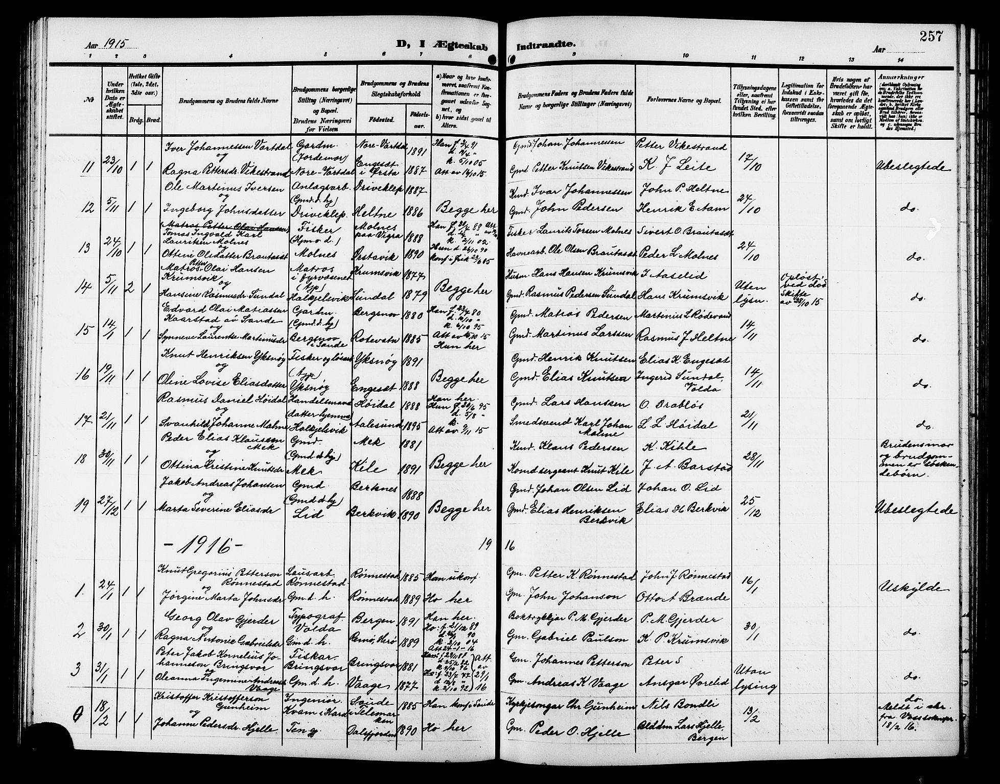 Ministerialprotokoller, klokkerbøker og fødselsregistre - Møre og Romsdal, SAT/A-1454/511/L0159: Parish register (copy) no. 511C05, 1902-1920, p. 257