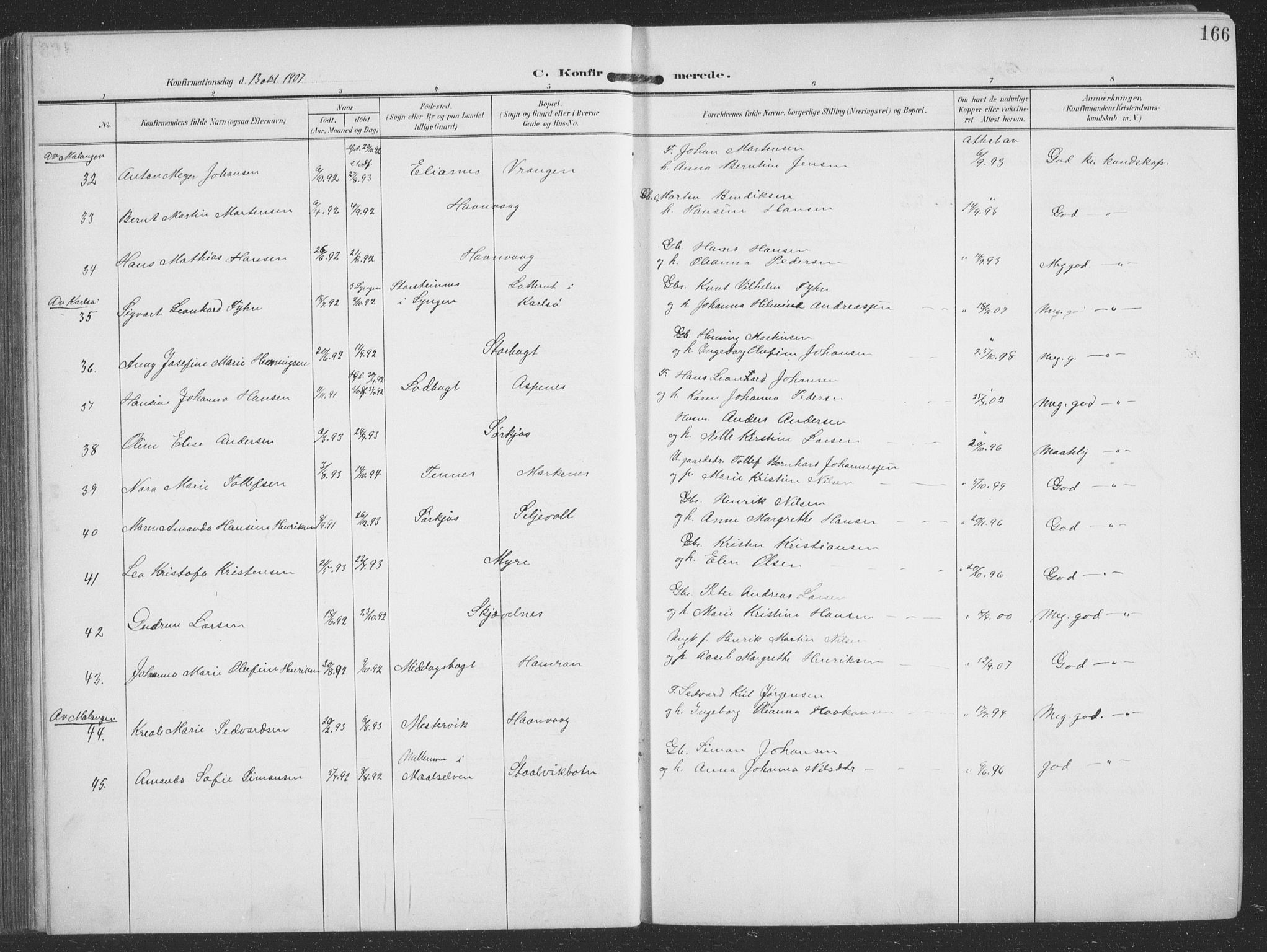 Balsfjord sokneprestembete, AV/SATØ-S-1303/G/Gab/L0009klokker: Parish register (copy) no. 9, 1906-1920, p. 166