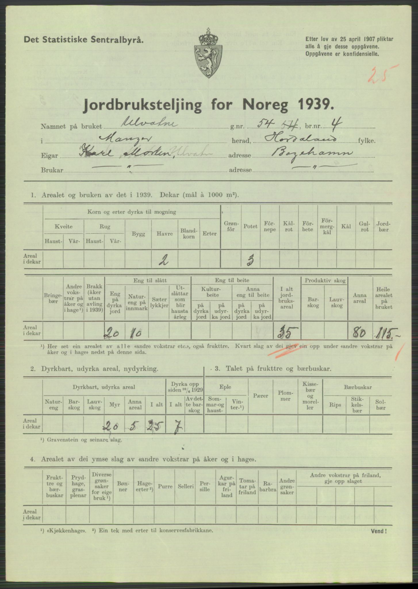 Statistisk sentralbyrå, Næringsøkonomiske emner, Jordbruk, skogbruk, jakt, fiske og fangst, AV/RA-S-2234/G/Gb/L0211: Hordaland: Herdla, Hjelme og Manger, 1939, p. 1611