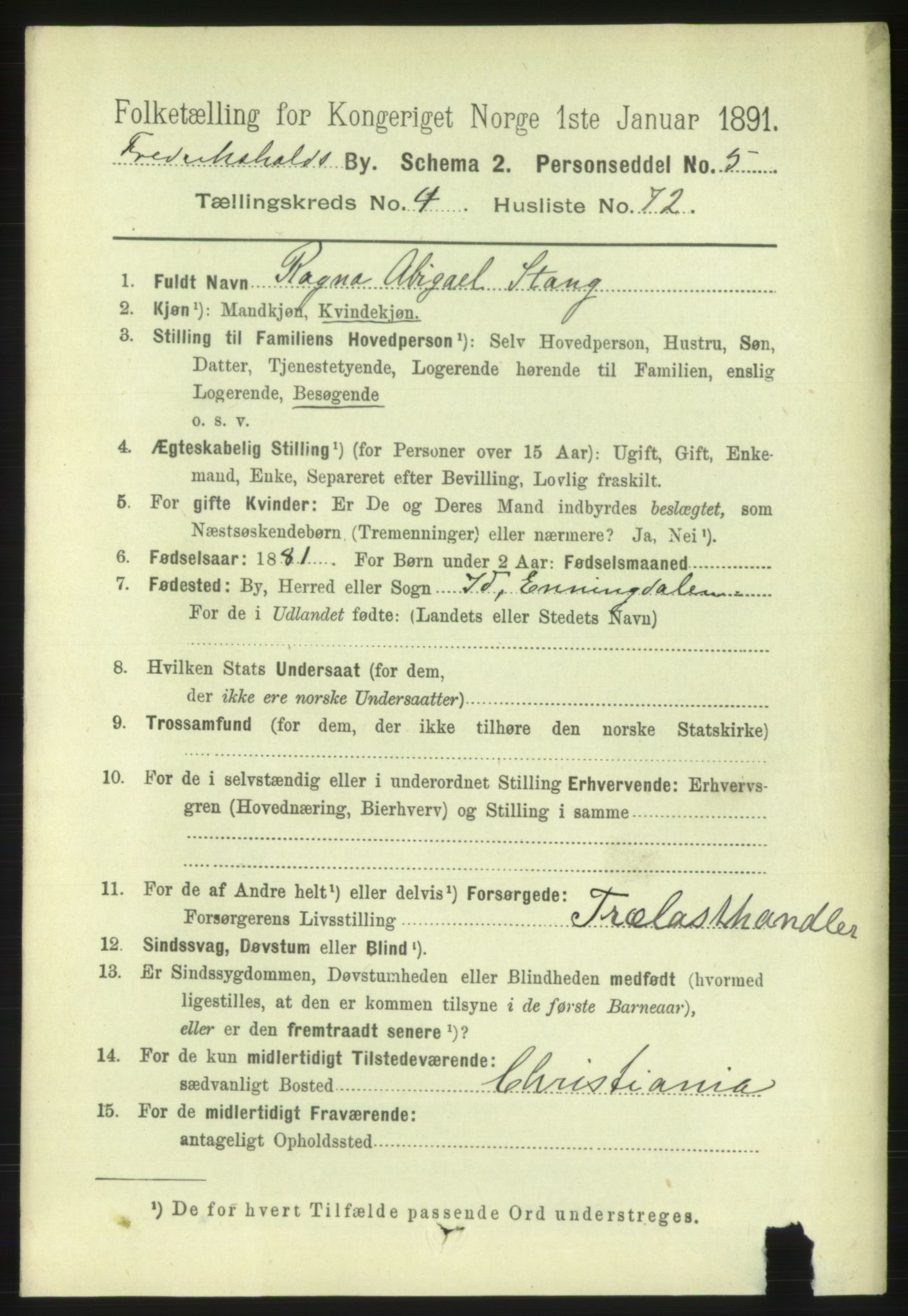 RA, 1891 census for 0101 Fredrikshald, 1891, p. 4049