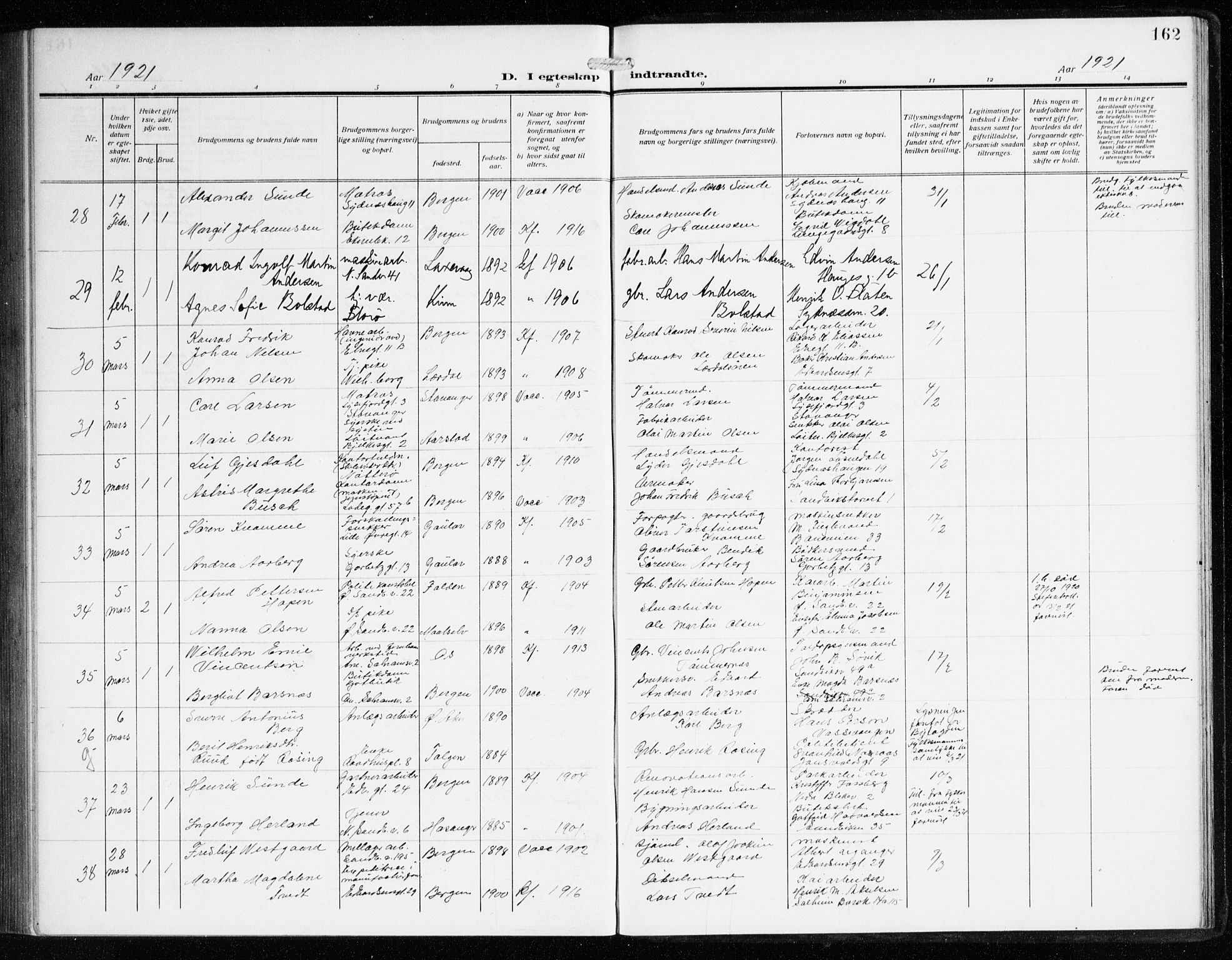 Sandviken Sokneprestembete, AV/SAB-A-77601/H/Ha/L0015: Parish register (official) no. D 2, 1911-1923, p. 162