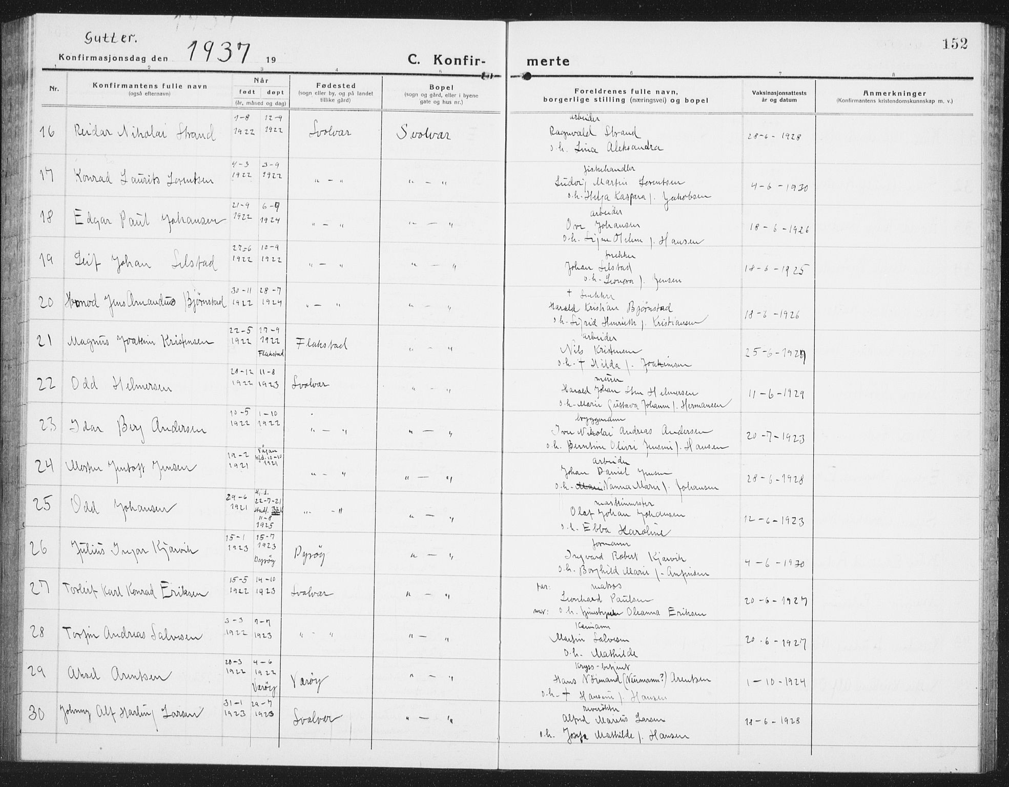 Ministerialprotokoller, klokkerbøker og fødselsregistre - Nordland, AV/SAT-A-1459/877/L1117: Parish register (copy) no. 877C01, 1923-1942, p. 152