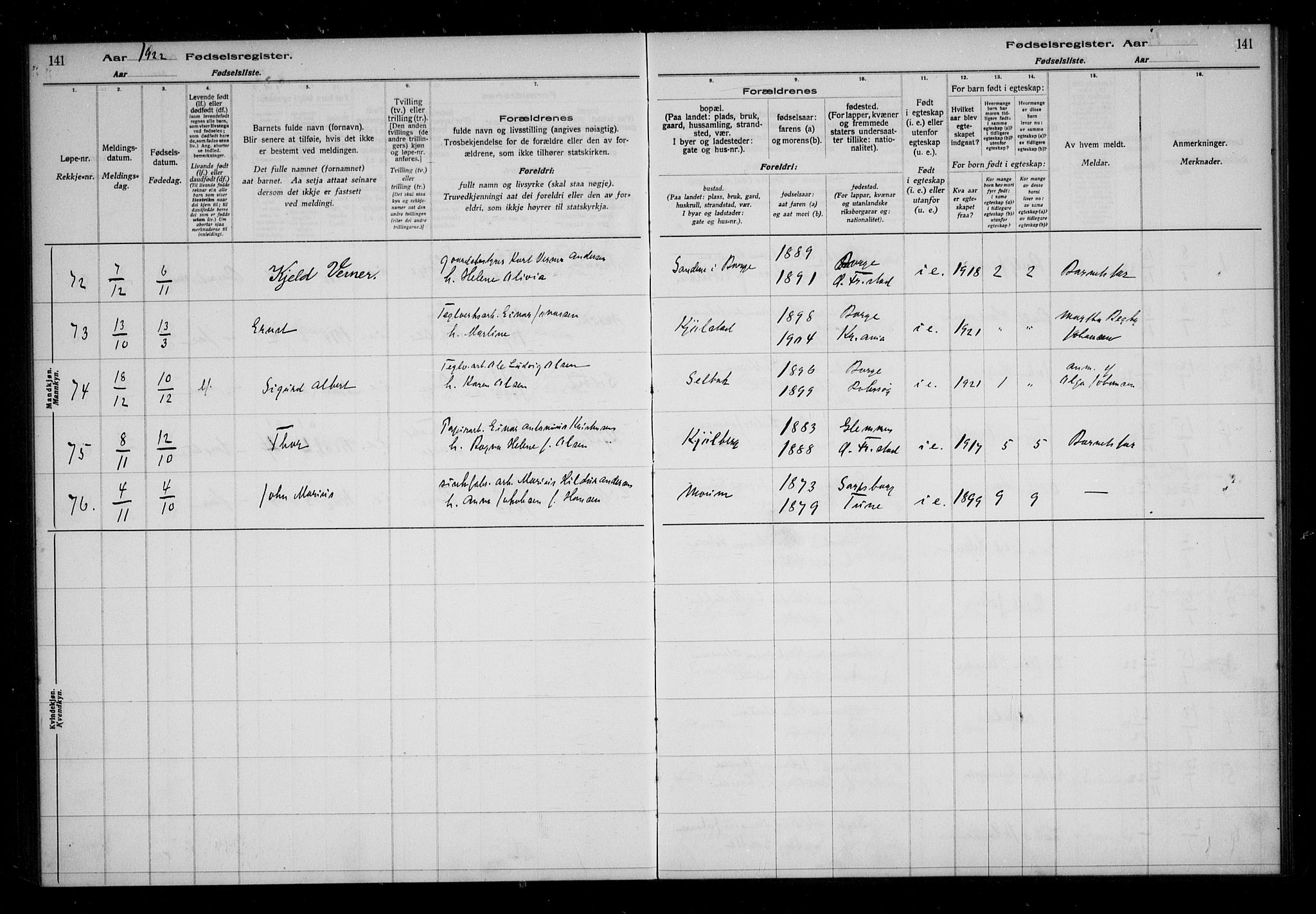 Borge prestekontor Kirkebøker, AV/SAO-A-10903/J/Ja/L0001: Birth register no. I 1, 1916-1925, p. 141