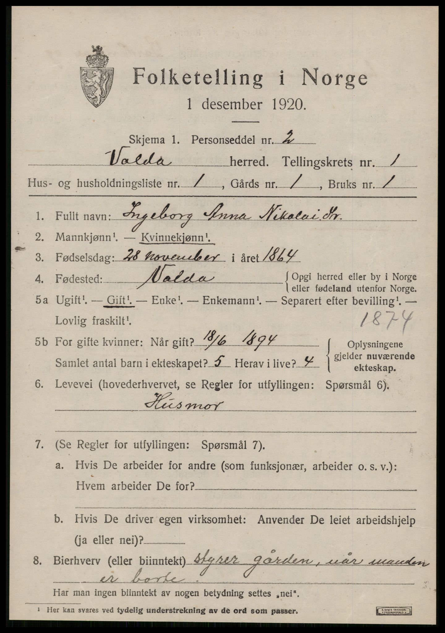 SAT, 1920 census for Volda, 1920, p. 1882