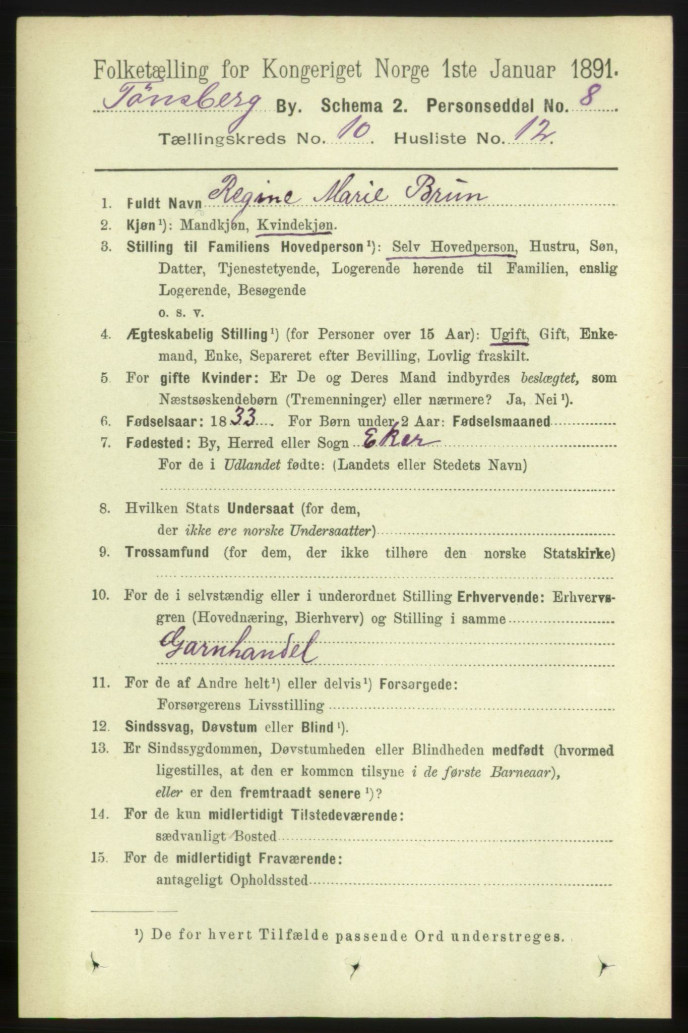 RA, 1891 census for 0705 Tønsberg, 1891, p. 3760