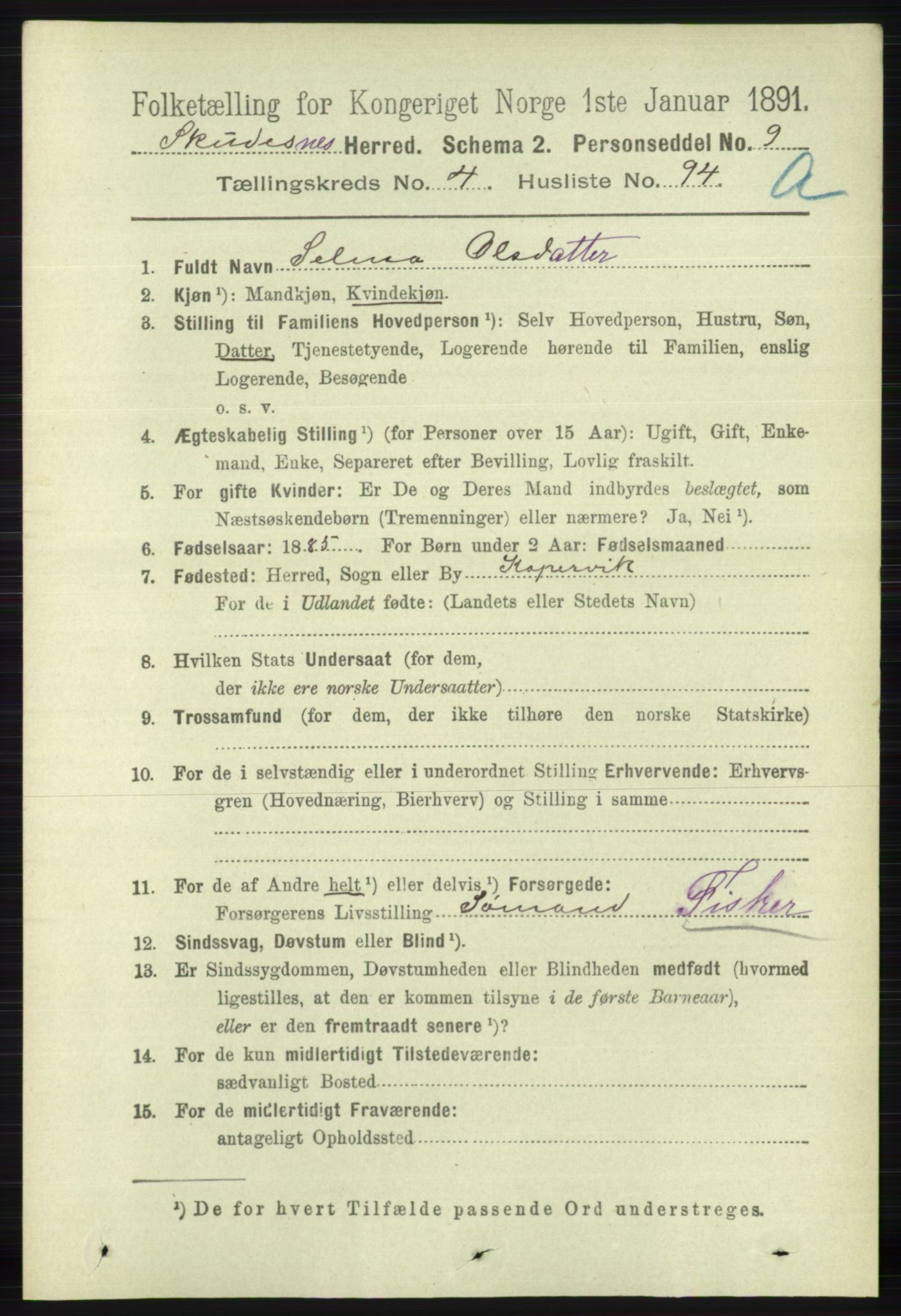 RA, 1891 census for 1150 Skudenes, 1891, p. 2446