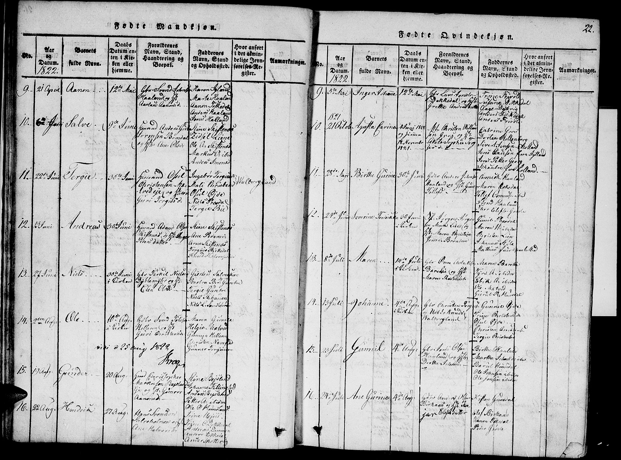 Hommedal sokneprestkontor, AV/SAK-1111-0023/F/Fa/Fab/L0003: Parish register (official) no. A 3, 1815-1848, p. 22