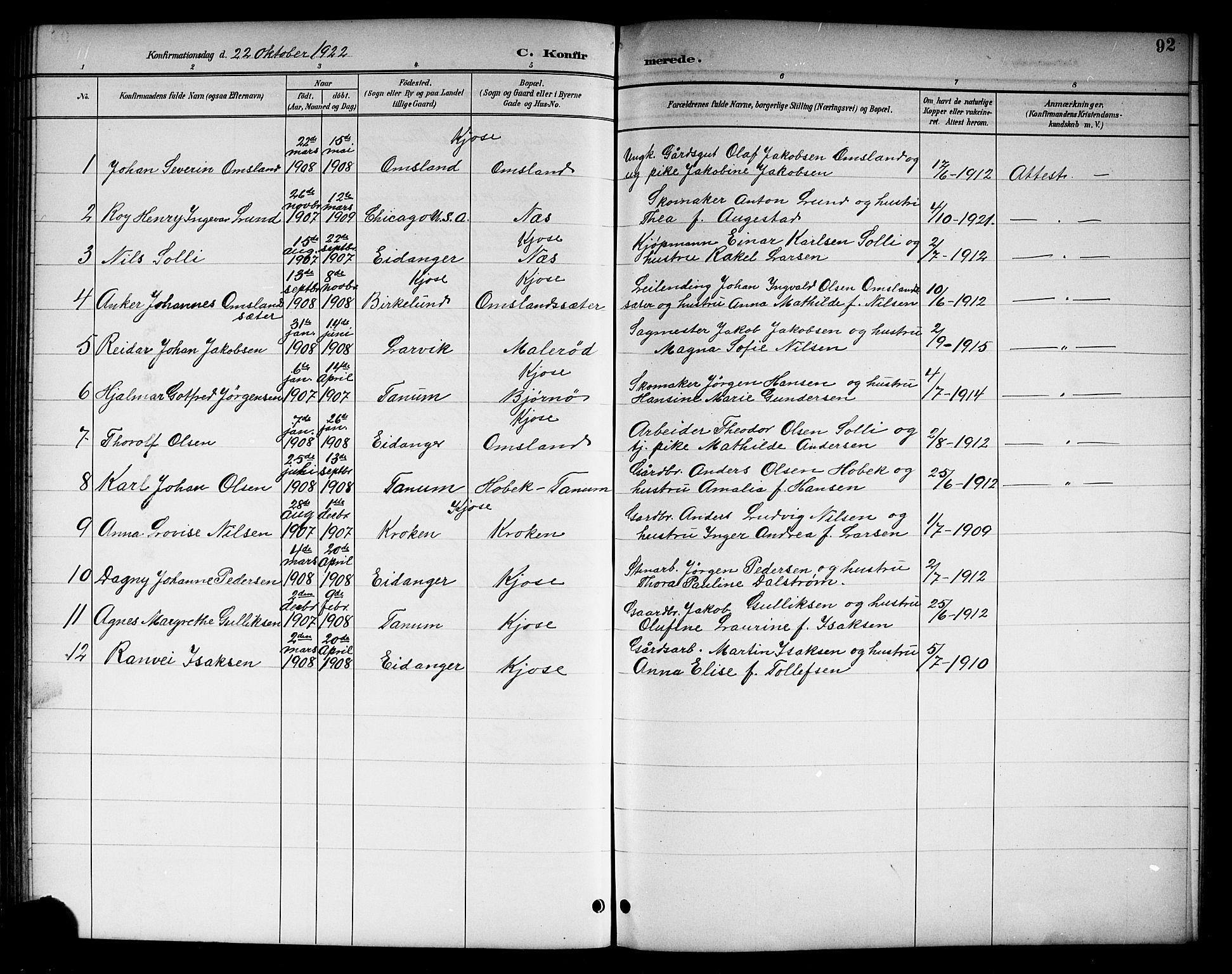 Brunlanes kirkebøker, AV/SAKO-A-342/G/Gc/L0002: Parish register (copy) no. III 2, 1891-1922, p. 92