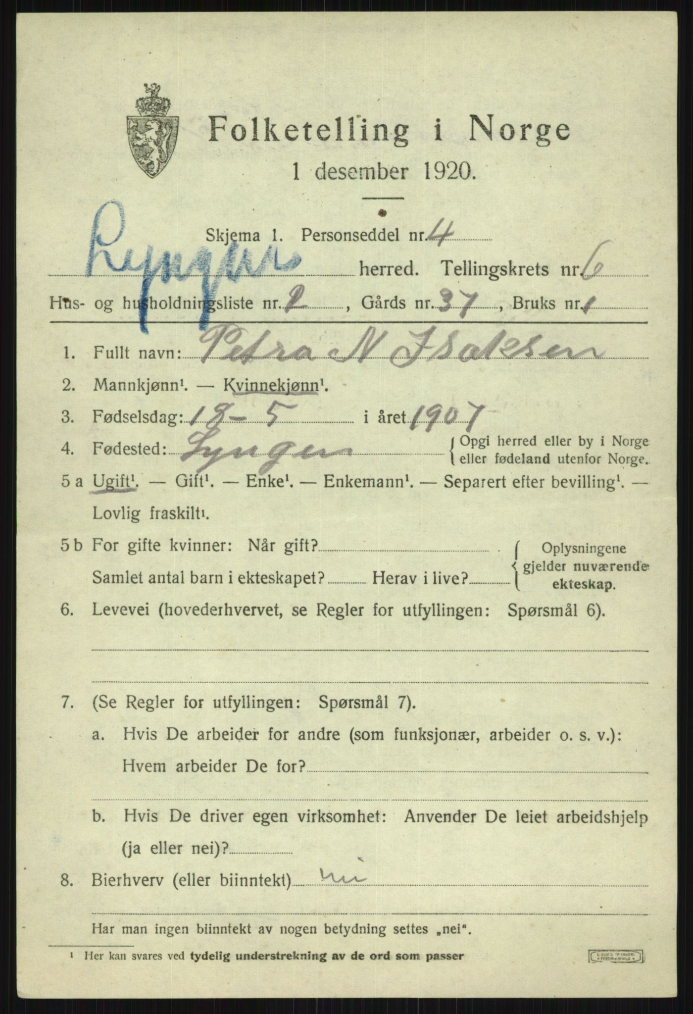 SATØ, 1920 census for Lyngen, 1920, p. 6610