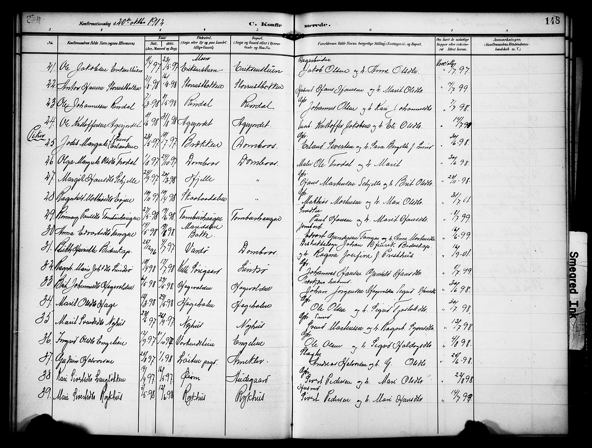 Dovre prestekontor, AV/SAH-PREST-066/H/Ha/Hab/L0003: Parish register (copy) no. 3, 1907-1929, p. 148
