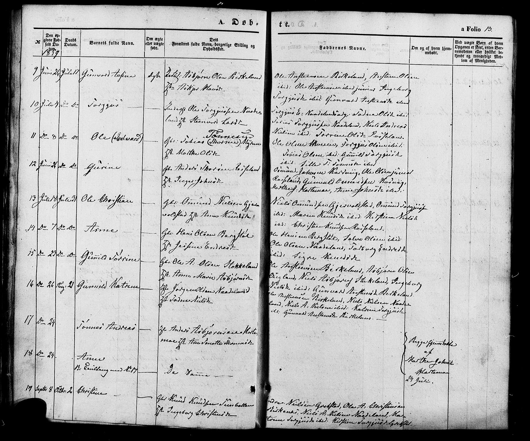 Søgne sokneprestkontor, SAK/1111-0037/F/Fa/Faa/L0002: Parish register (official) no. A 2, 1854-1882, p. 13