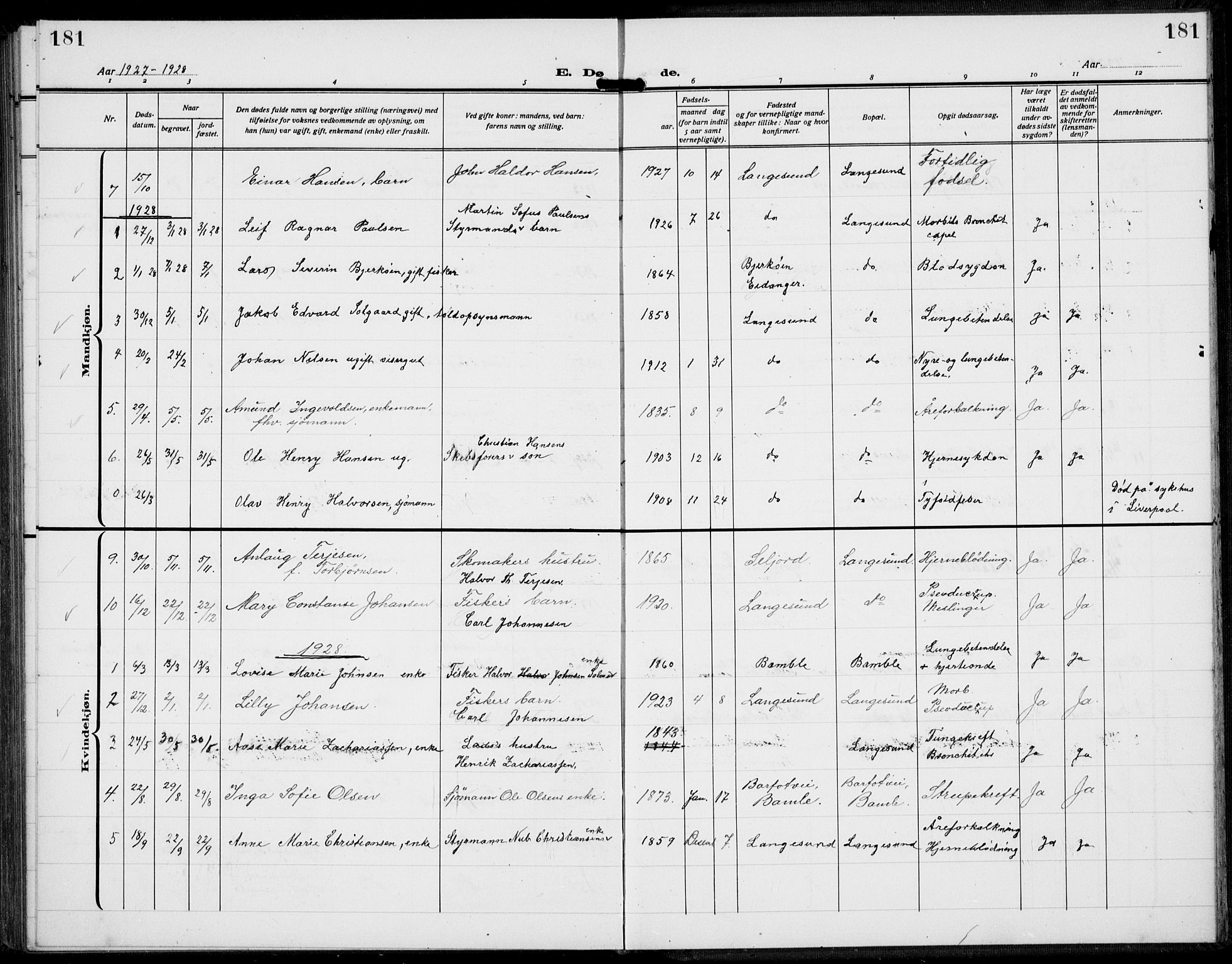 Langesund kirkebøker, SAKO/A-280/G/Ga/L0007: Parish register (copy) no. 7, 1919-1939, p. 181