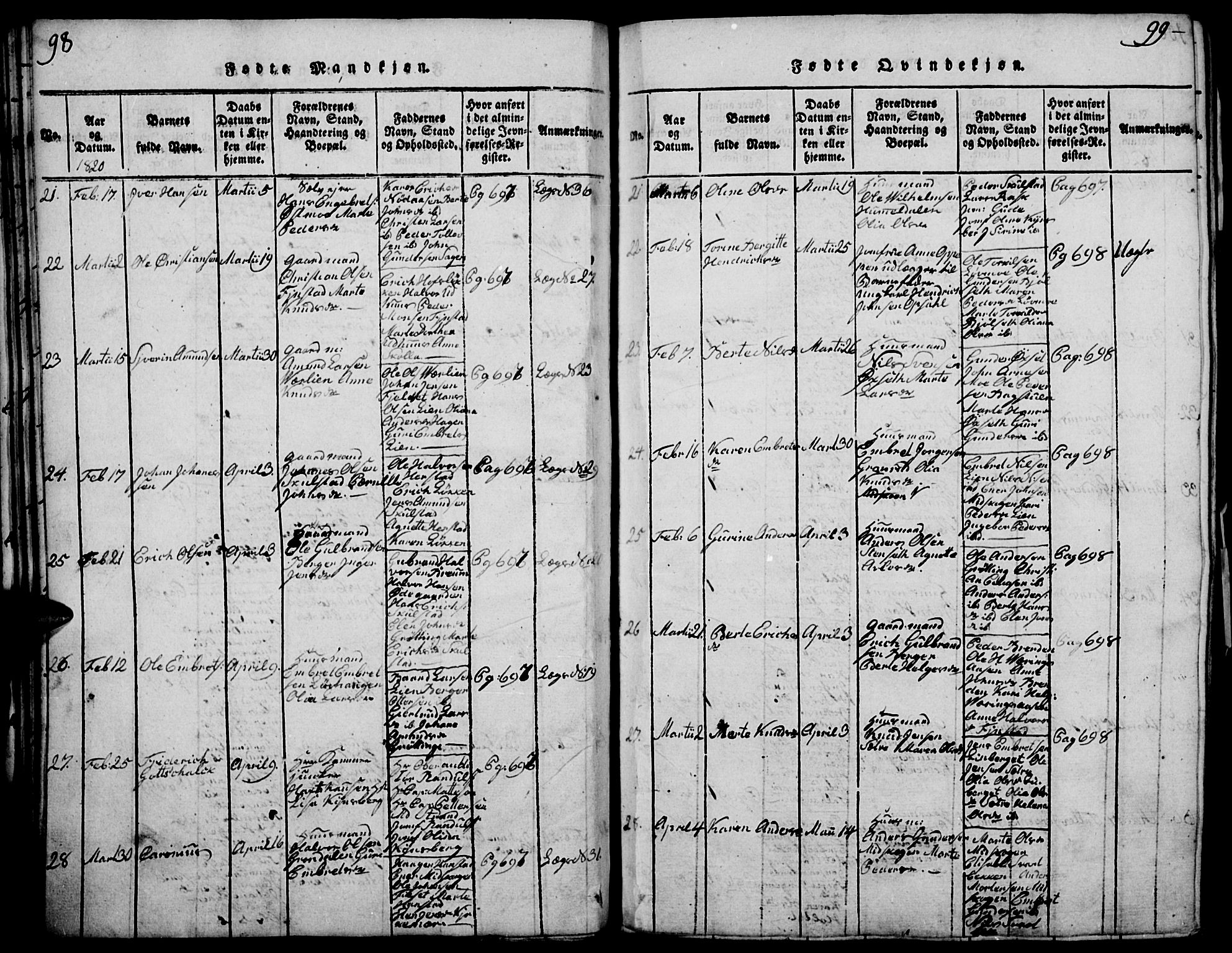 Elverum prestekontor, AV/SAH-PREST-044/H/Ha/Haa/L0007: Parish register (official) no. 7, 1815-1830, p. 98-99