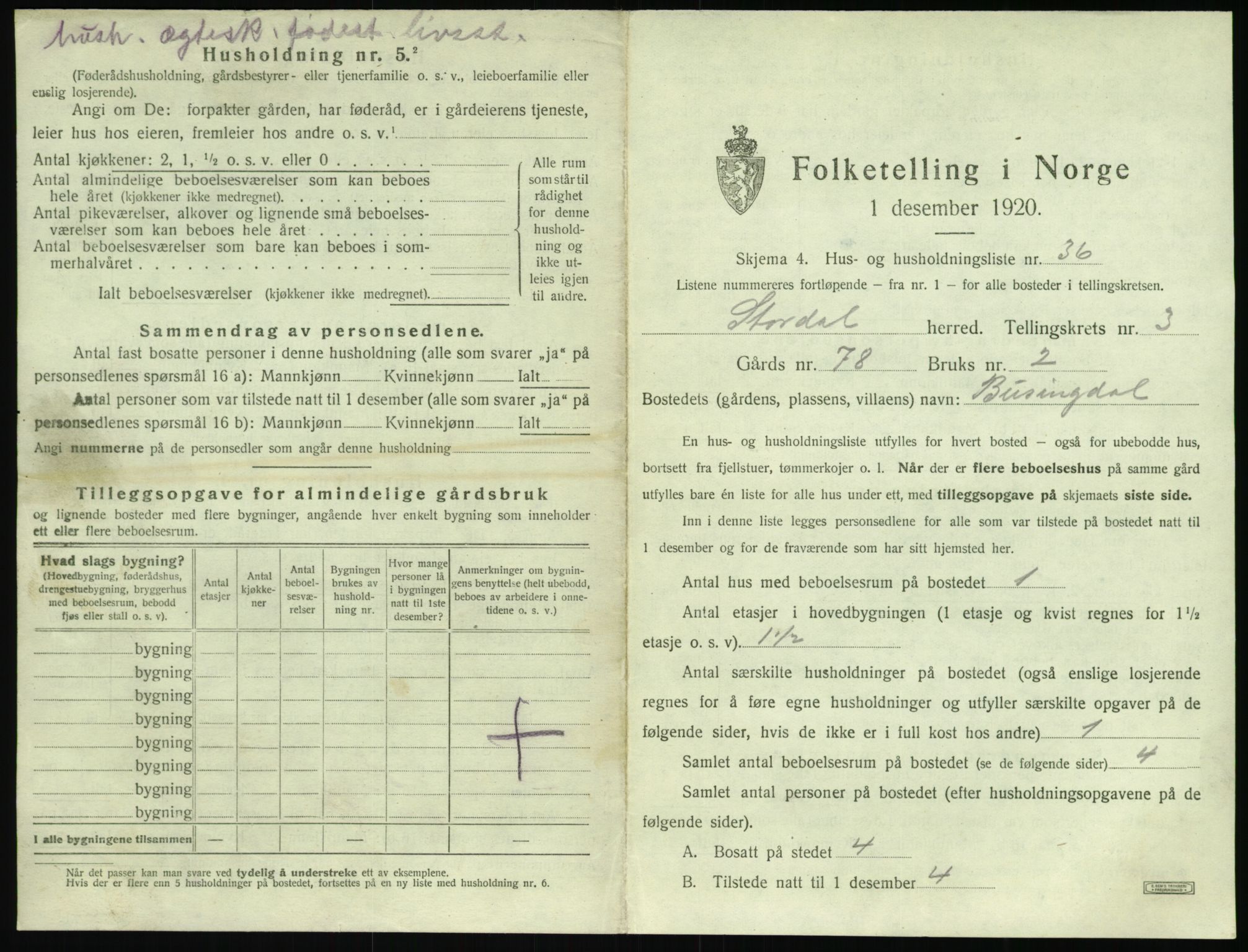 SAT, 1920 census for Stordal, 1920, p. 172