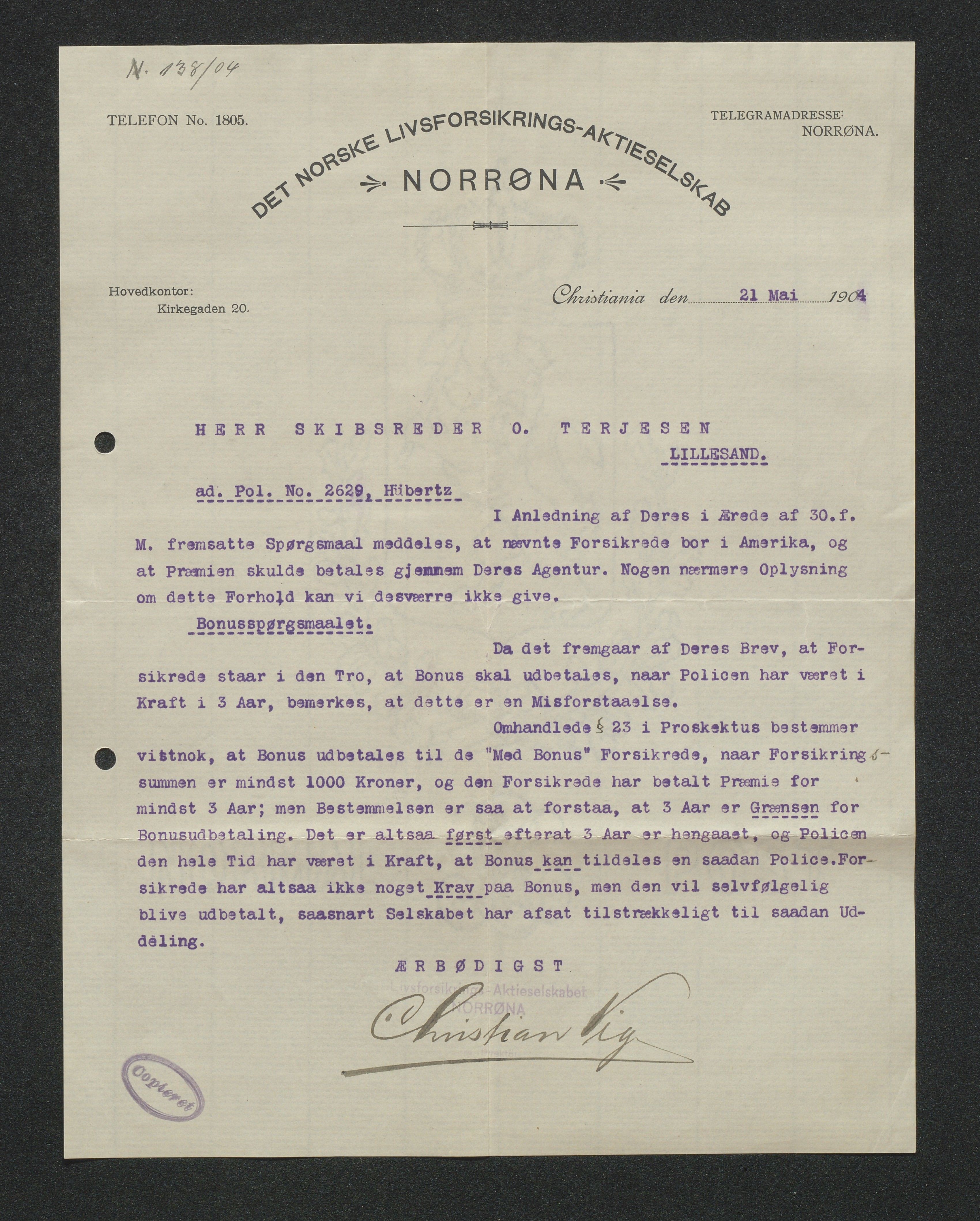 O. Terjesens rederi, AAKS/PA-2525/E/E01/L0013: Korrespondanse, 1904-1905