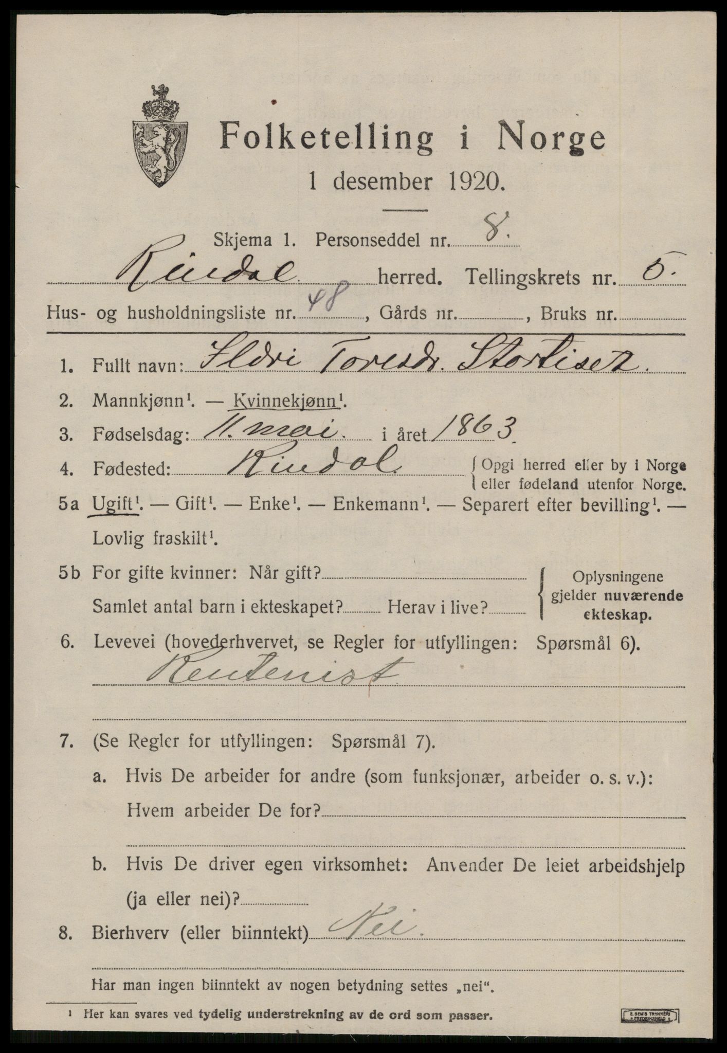 SAT, 1920 census for Rindal, 1920, p. 3276