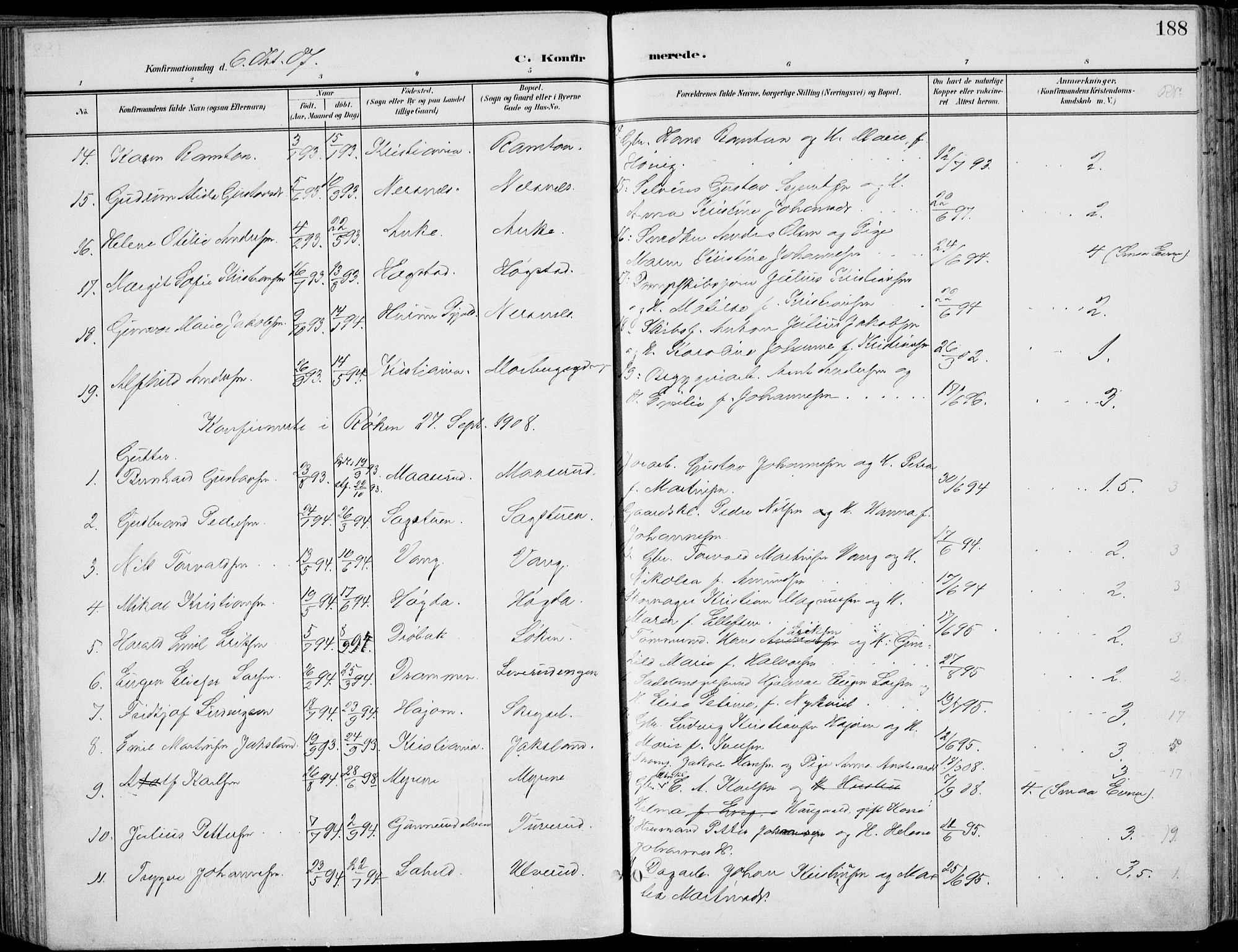 Røyken kirkebøker, SAKO/A-241/F/Fa/L0009: Parish register (official) no. 9, 1898-1911, p. 188