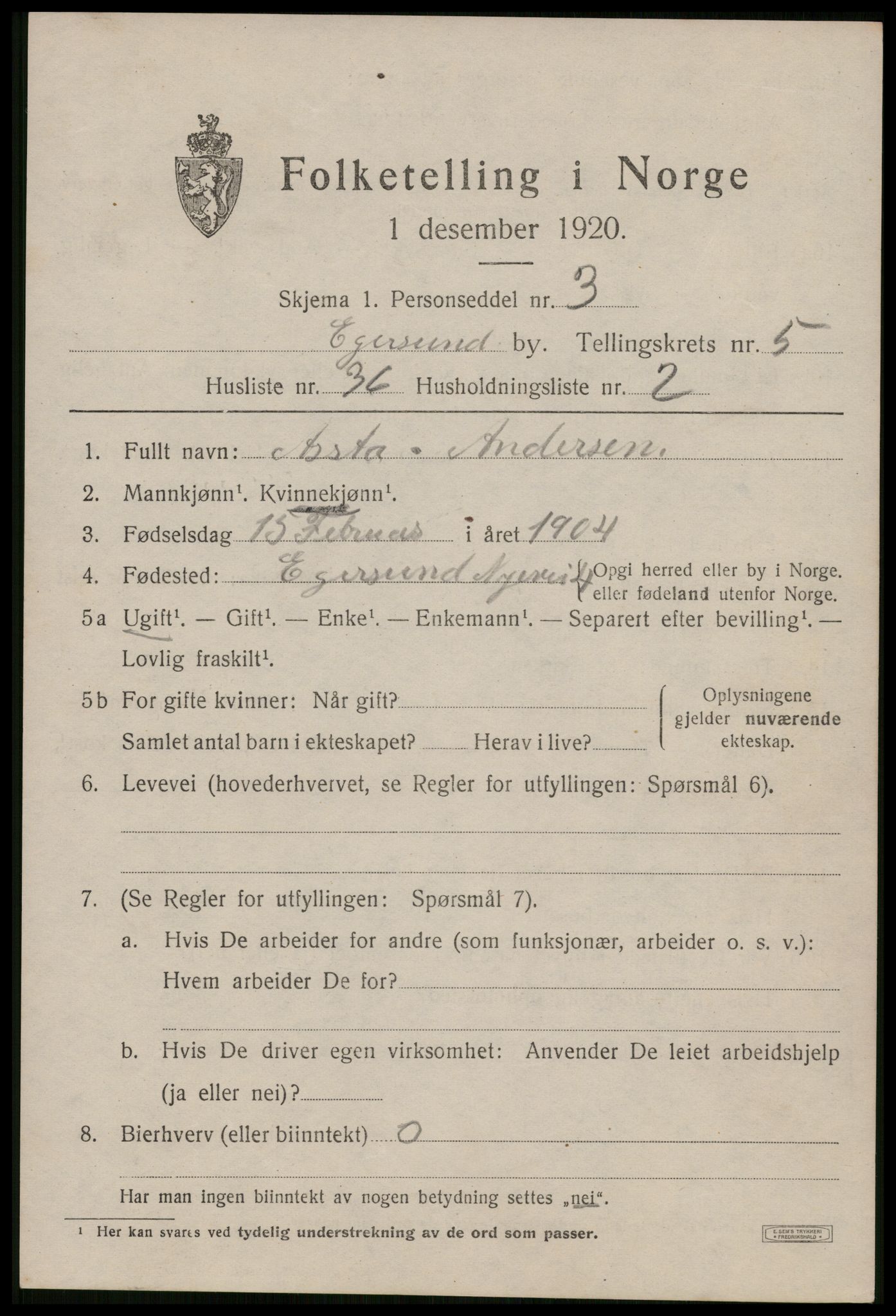 SAST, 1920 census for Egersund town, 1920, p. 8514